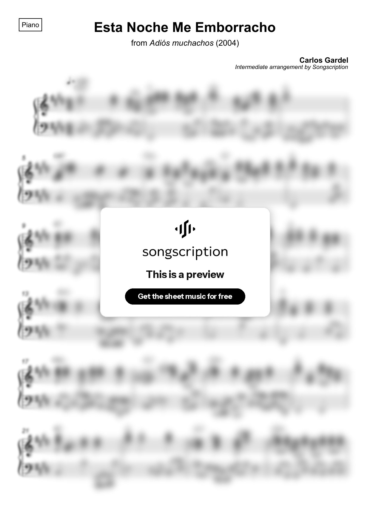 Intermediate Piano Sheet Music for "Esta Noche Me Emborracho" by Carlos Gardel
