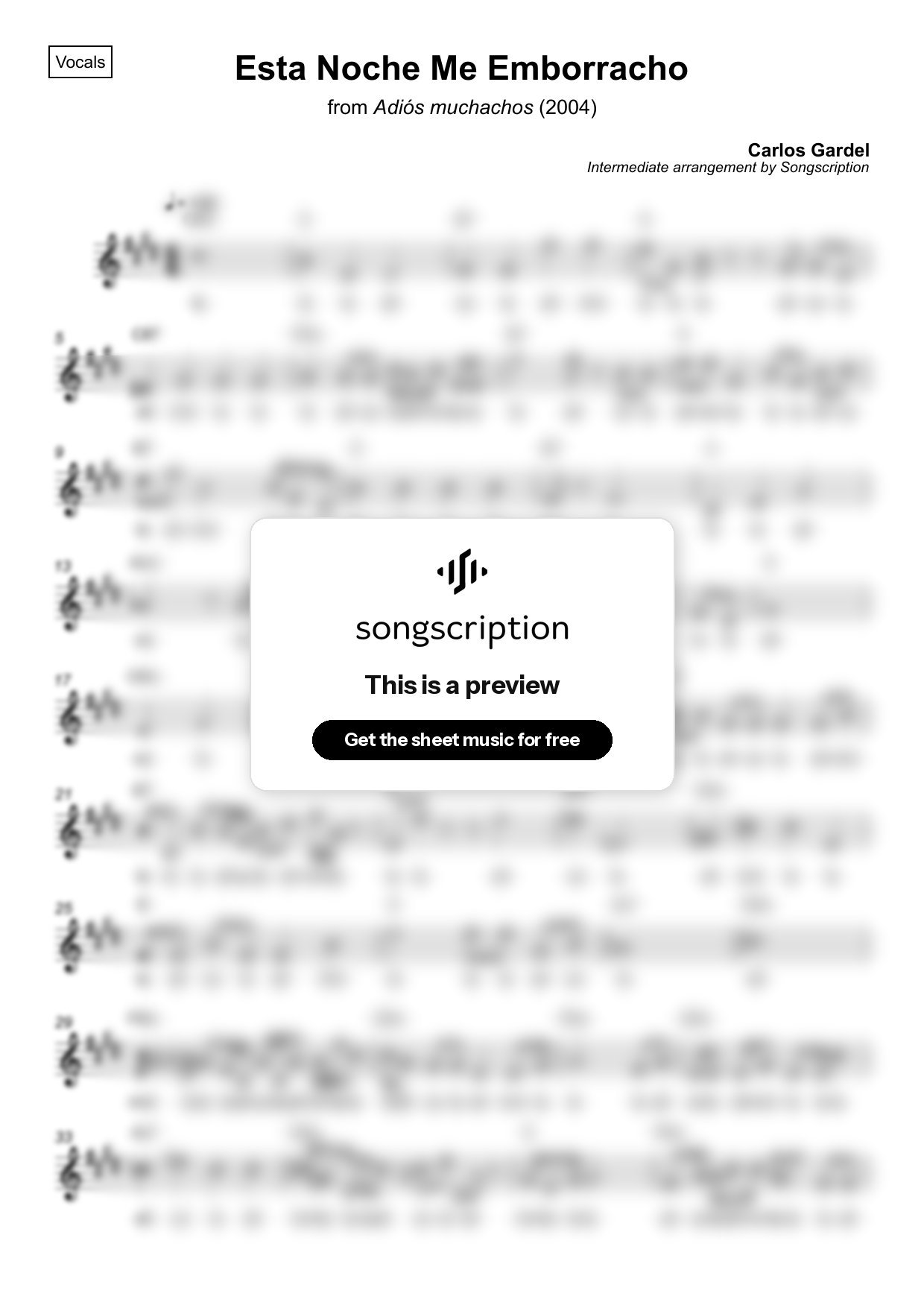 Intermediate Vocals Sheet Music for "Esta Noche Me Emborracho" by Carlos Gardel