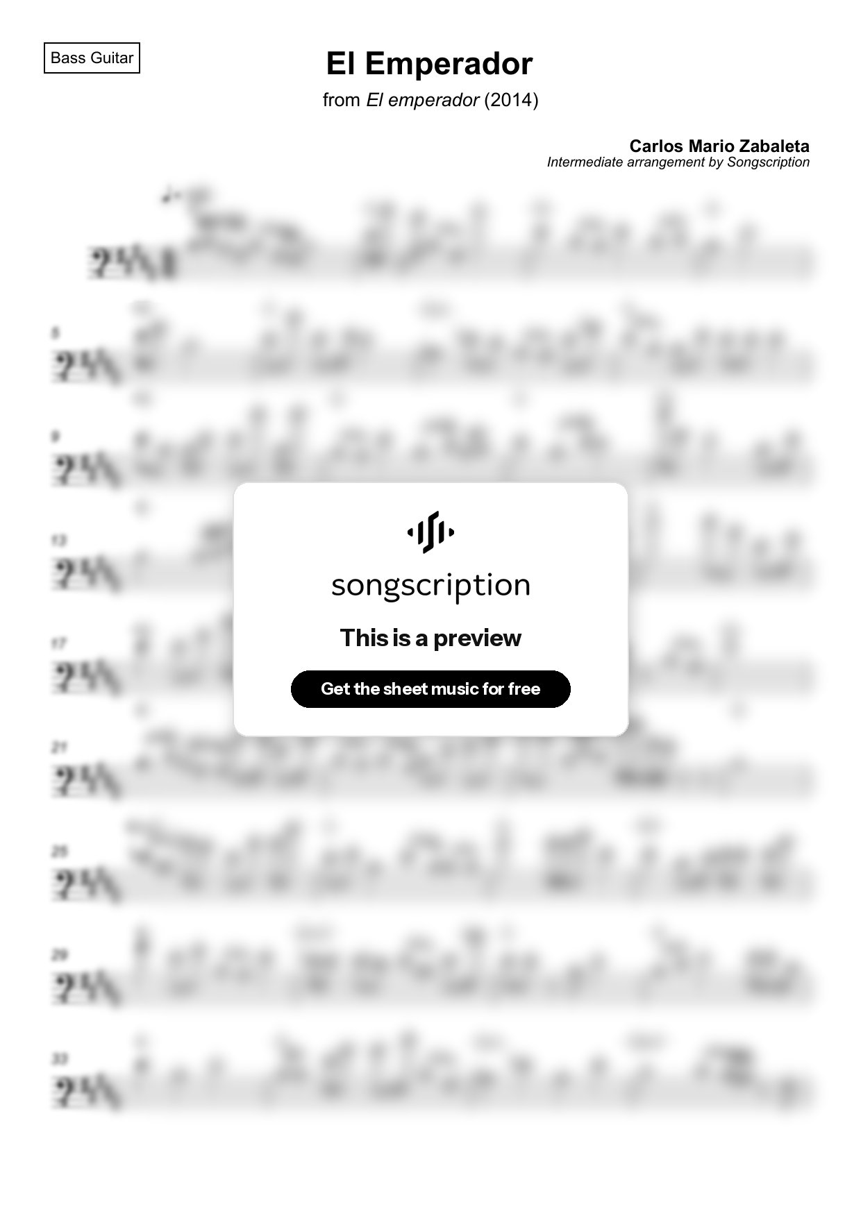 Intermediate Bass Guitar Sheet Music for "El Emperador" by Carlos Mario Zabaleta