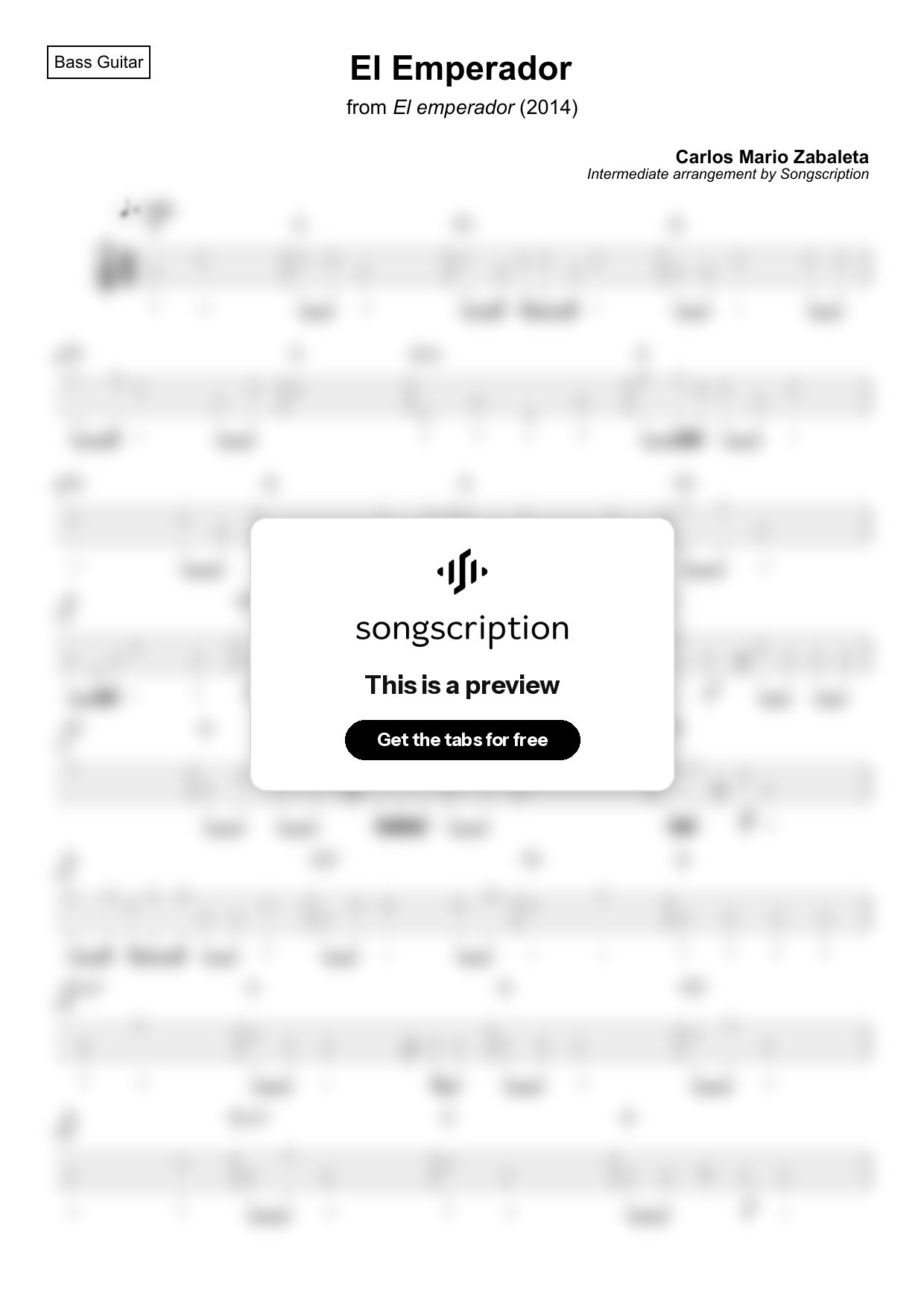 Intermediate Bass Guitar Tabs for "El Emperador" by Carlos Mario Zabaleta