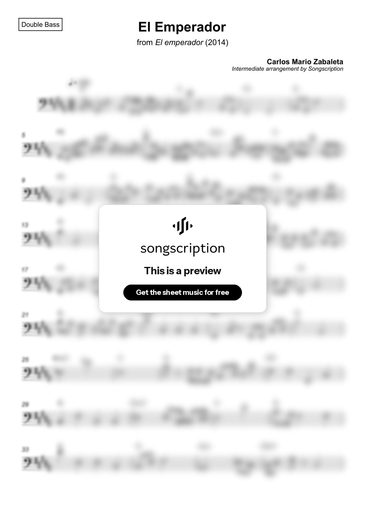 Intermediate Double Bass Sheet Music for "El Emperador" by Carlos Mario Zabaleta