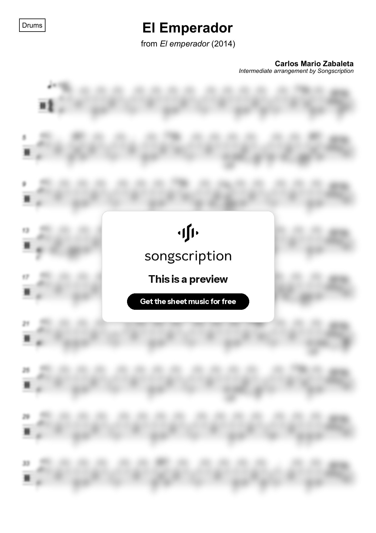 Intermediate Drums Sheet Music for "El Emperador" by Carlos Mario Zabaleta