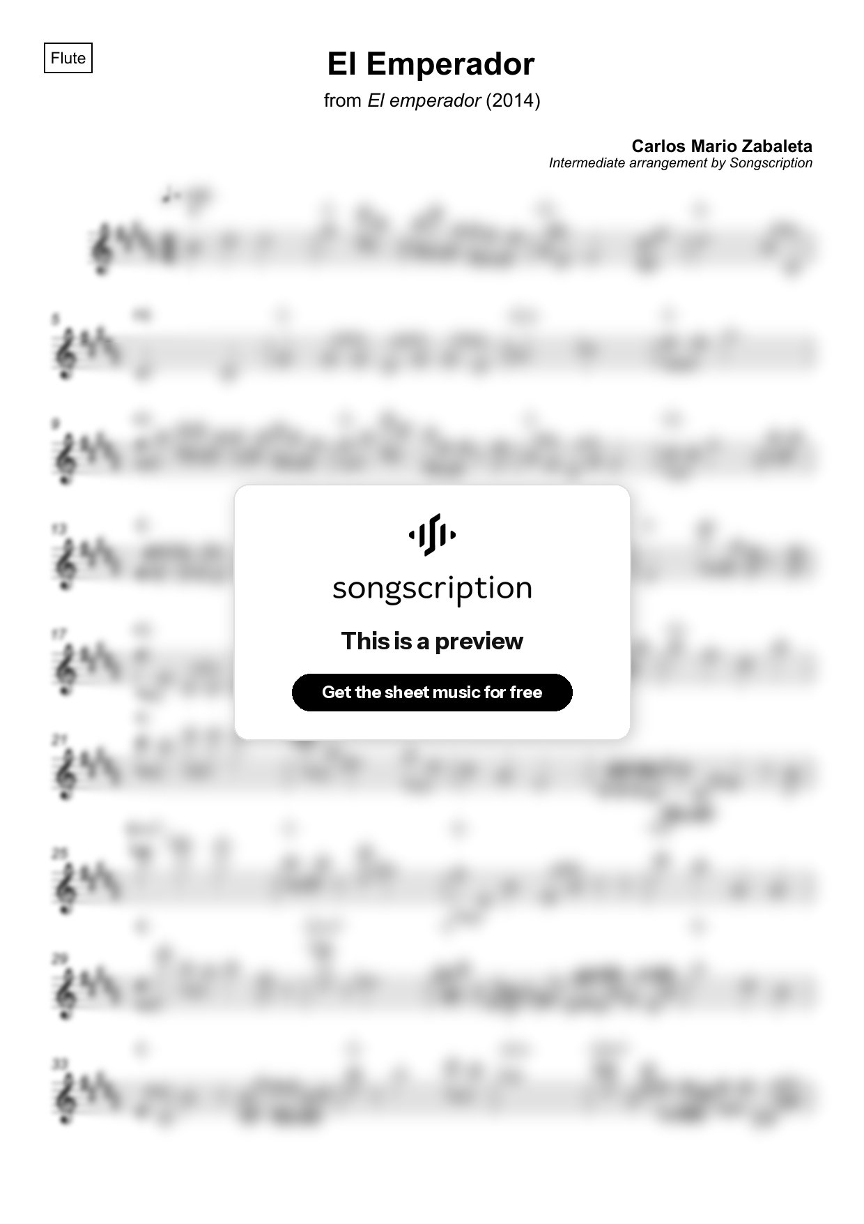 Intermediate Flute Sheet Music for "El Emperador" by Carlos Mario Zabaleta