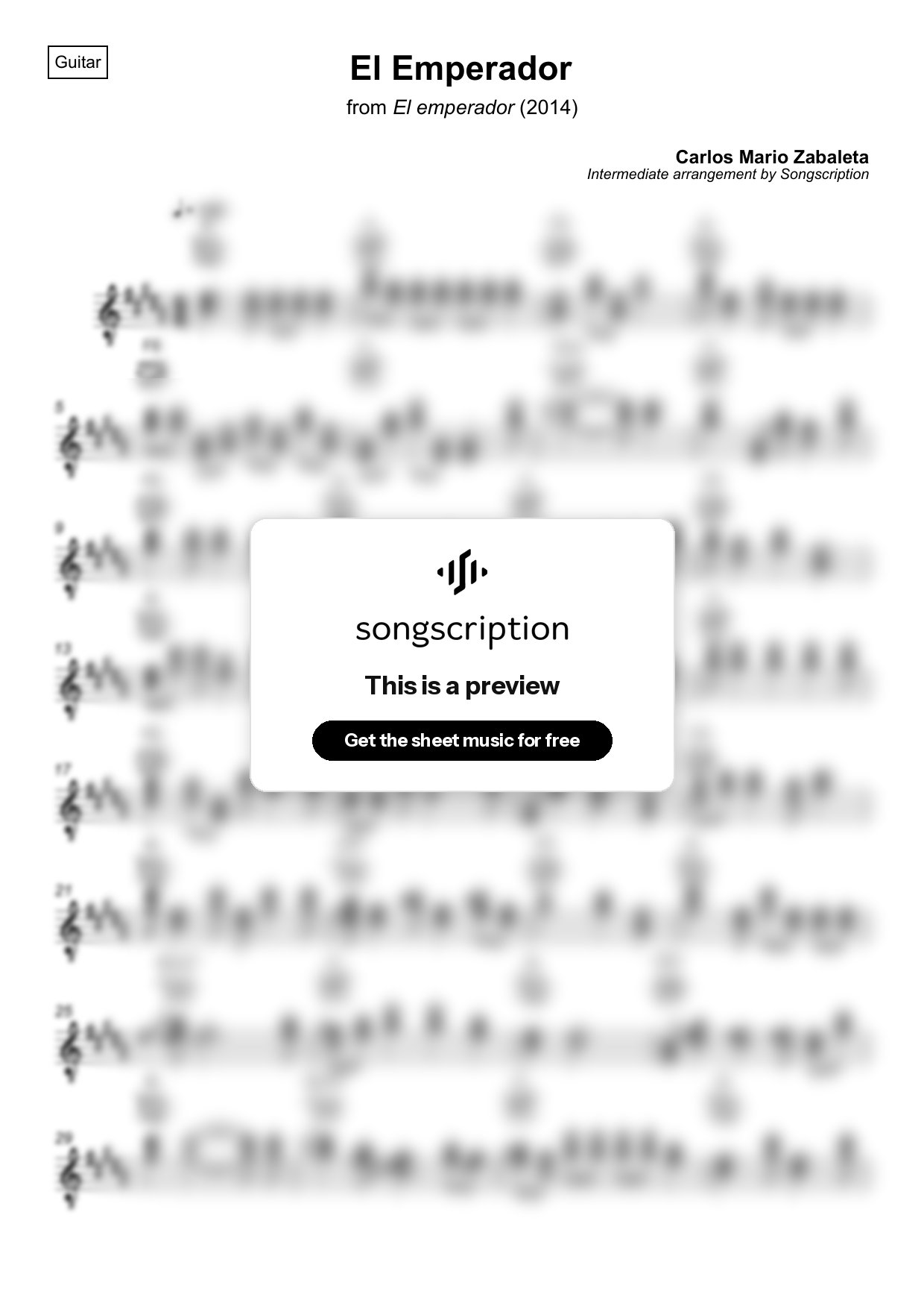 Intermediate Acoustic Guitar Sheet Music for "El Emperador" by Carlos Mario Zabaleta