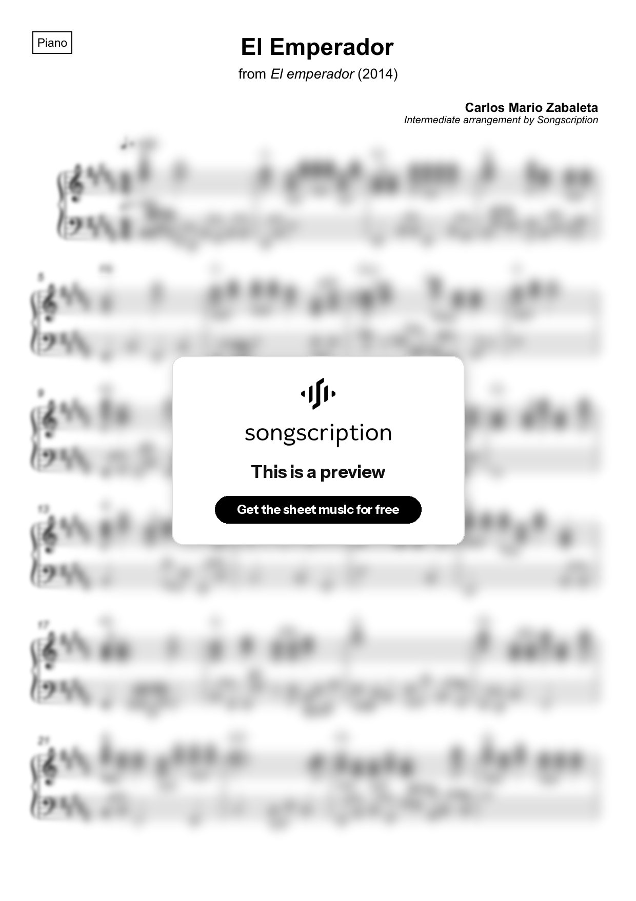 Intermediate Piano Sheet Music for "El Emperador" by Carlos Mario Zabaleta