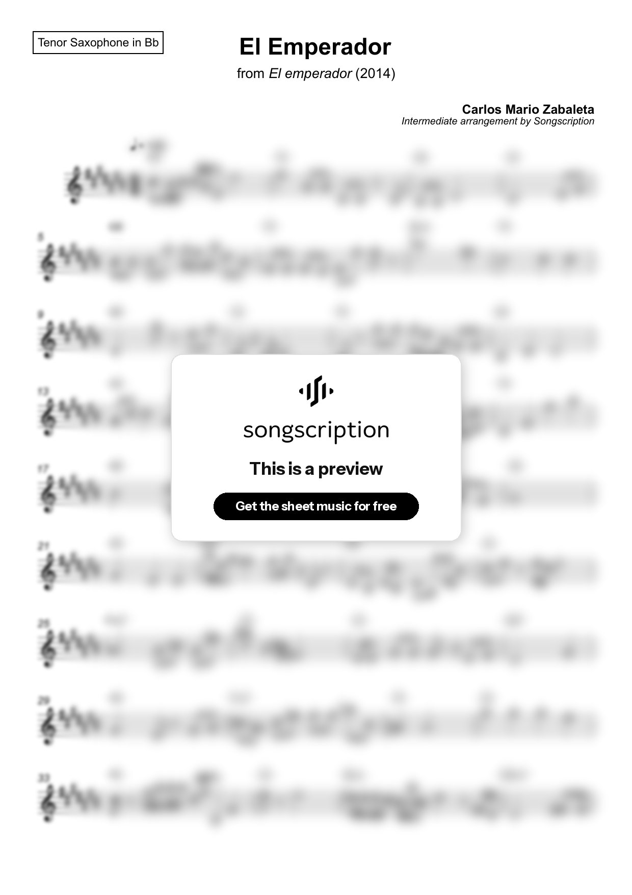 Intermediate Tenor Sax Sheet Music for "El Emperador" by Carlos Mario Zabaleta