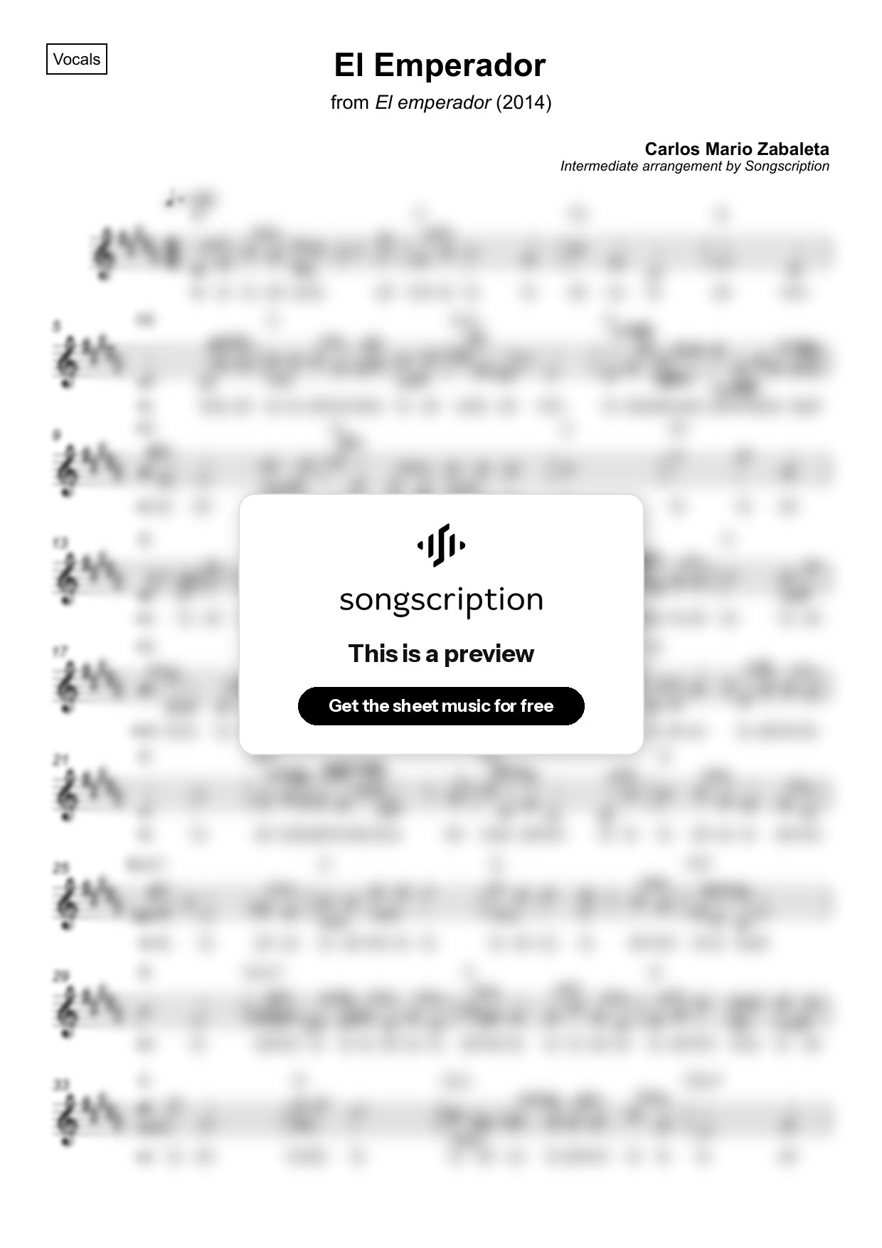 Intermediate Vocals Sheet Music for "El Emperador" by Carlos Mario Zabaleta