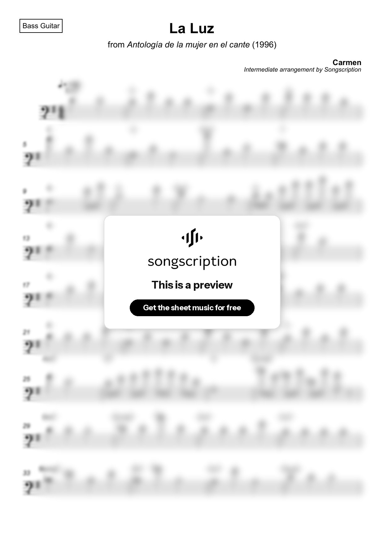Intermediate Bass Guitar Sheet Music for "La Luz" by Carmen