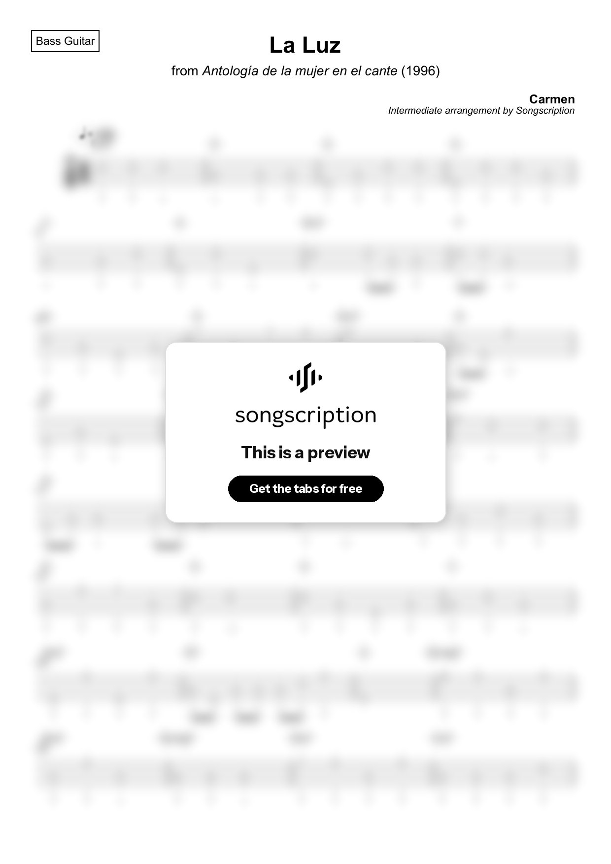 Intermediate Bass Guitar Tabs for "La Luz" by Carmen