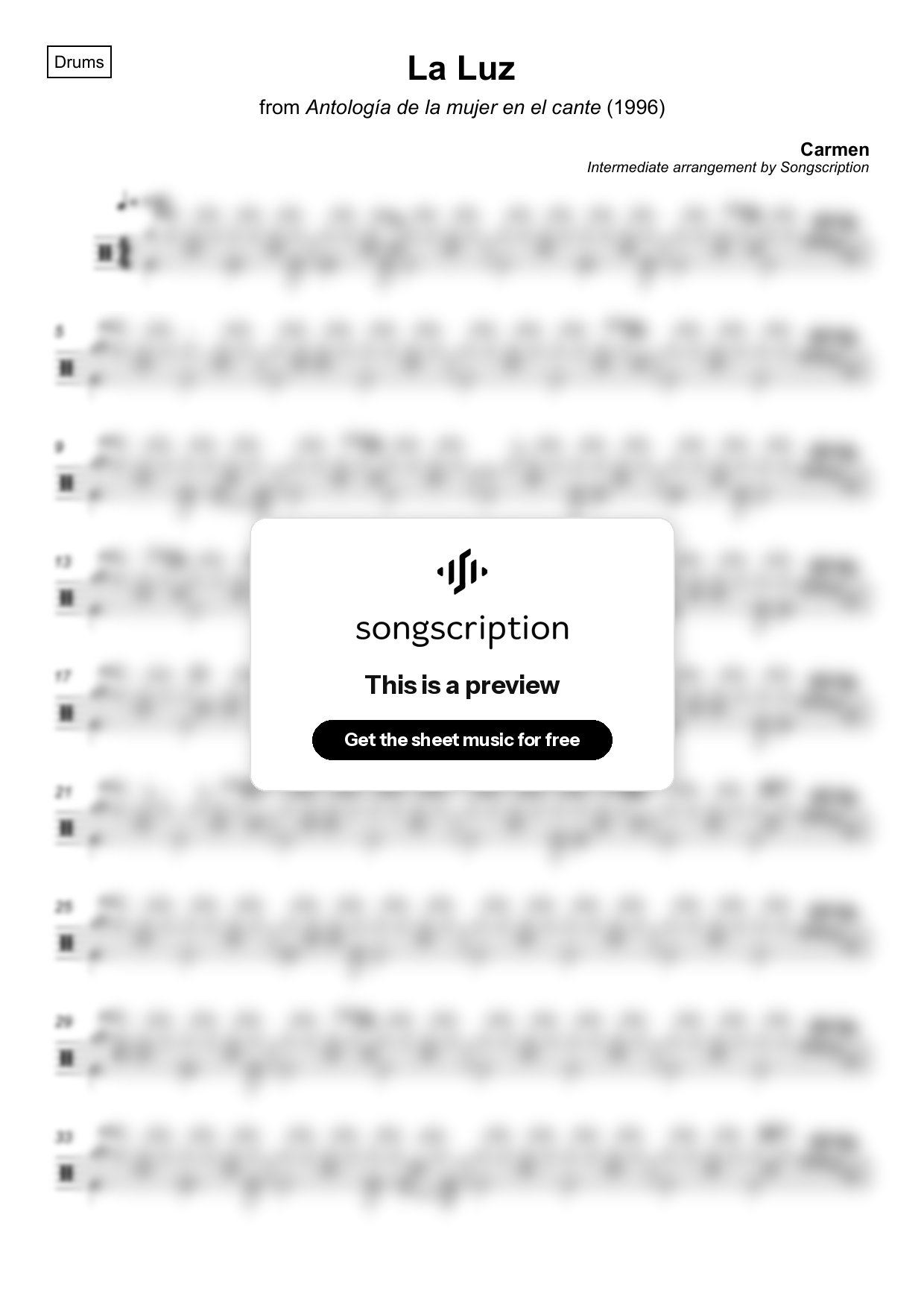 Intermediate Drums Sheet Music for "La Luz" by Carmen