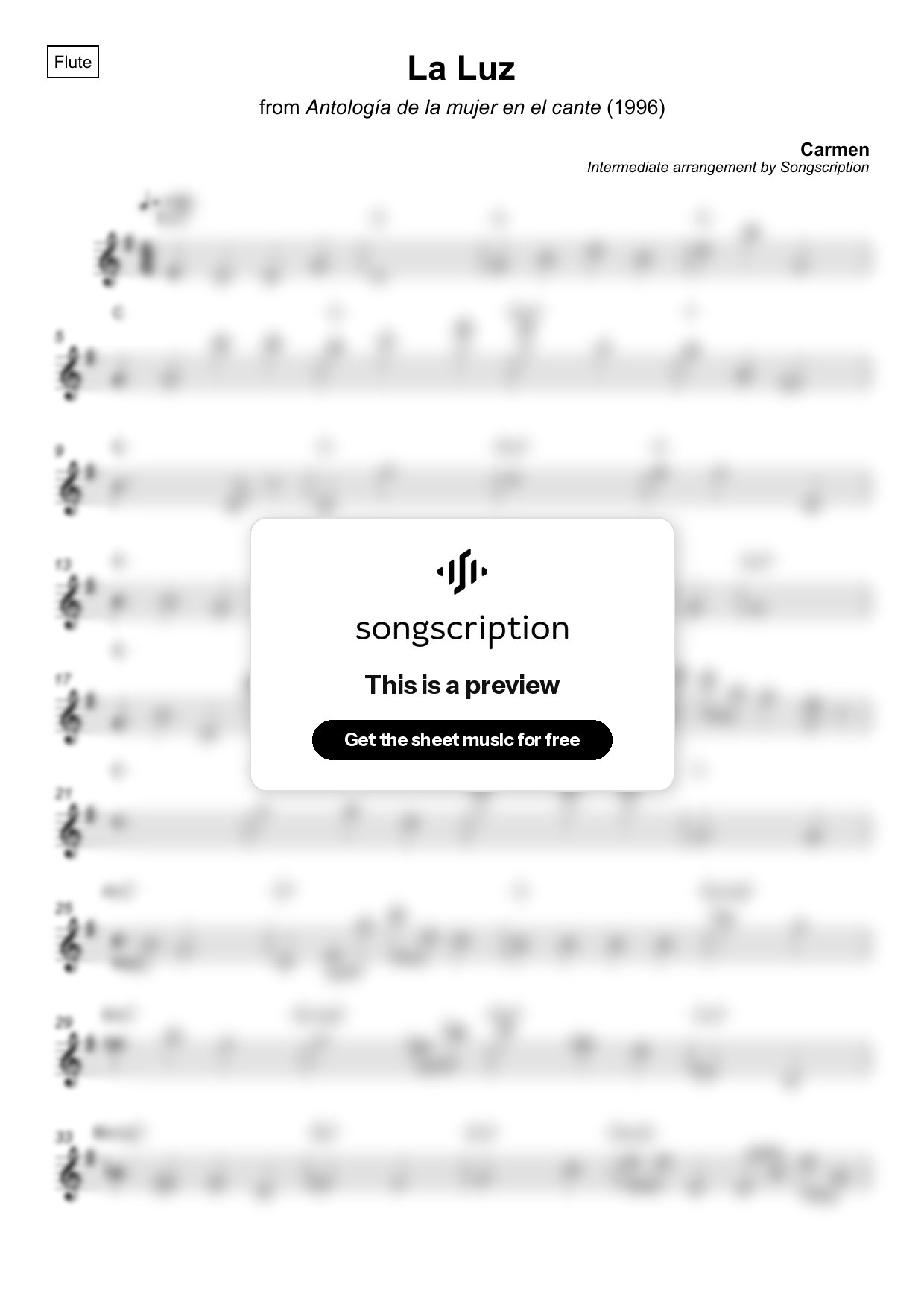 Intermediate Flute Sheet Music for "La Luz" by Carmen