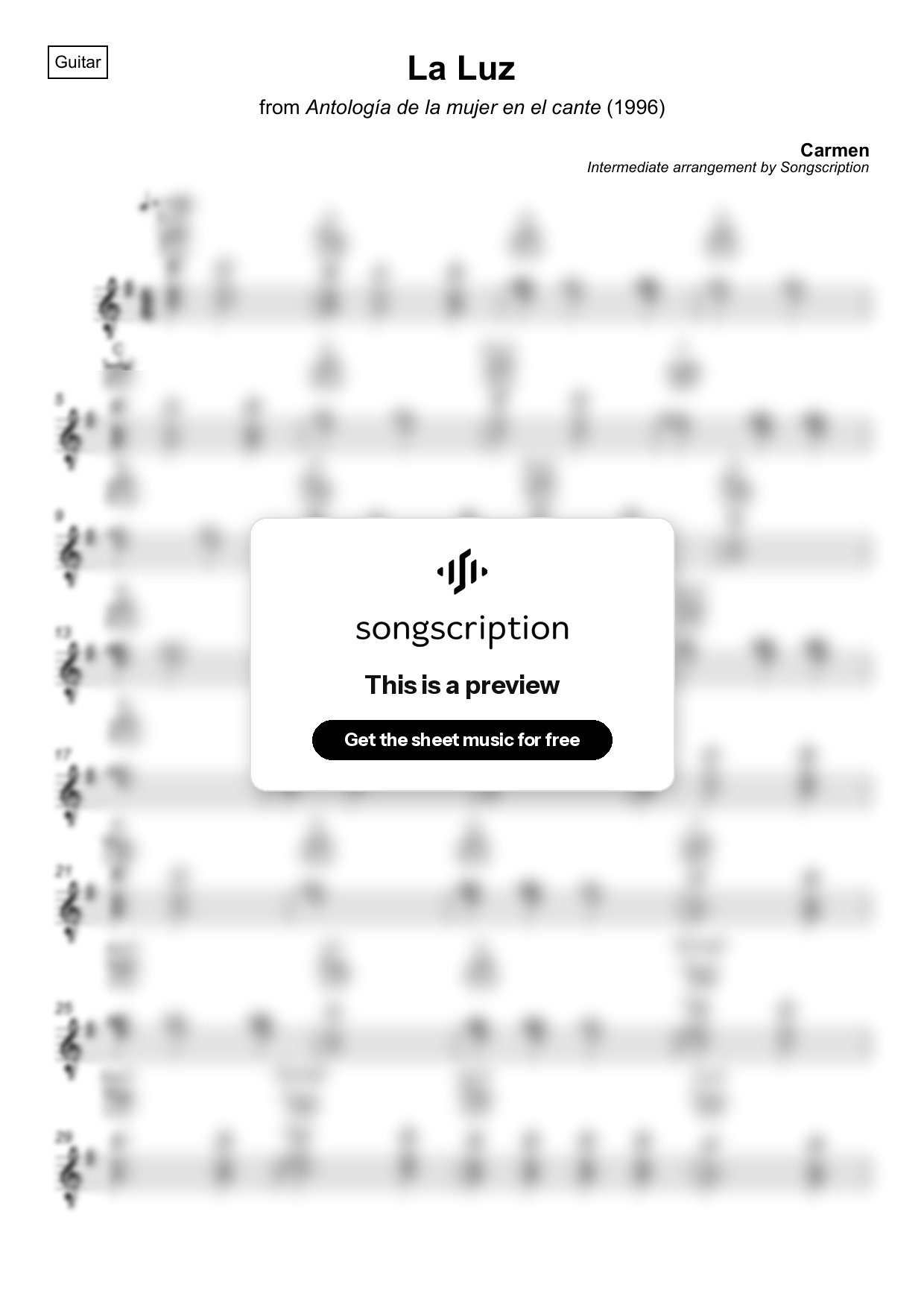 Intermediate Acoustic Guitar Sheet Music for "La Luz" by Carmen