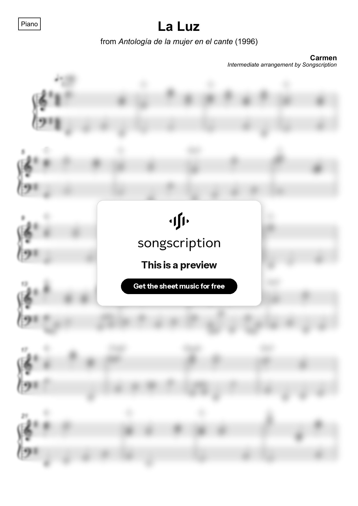 Intermediate Piano Sheet Music for "La Luz" by Carmen