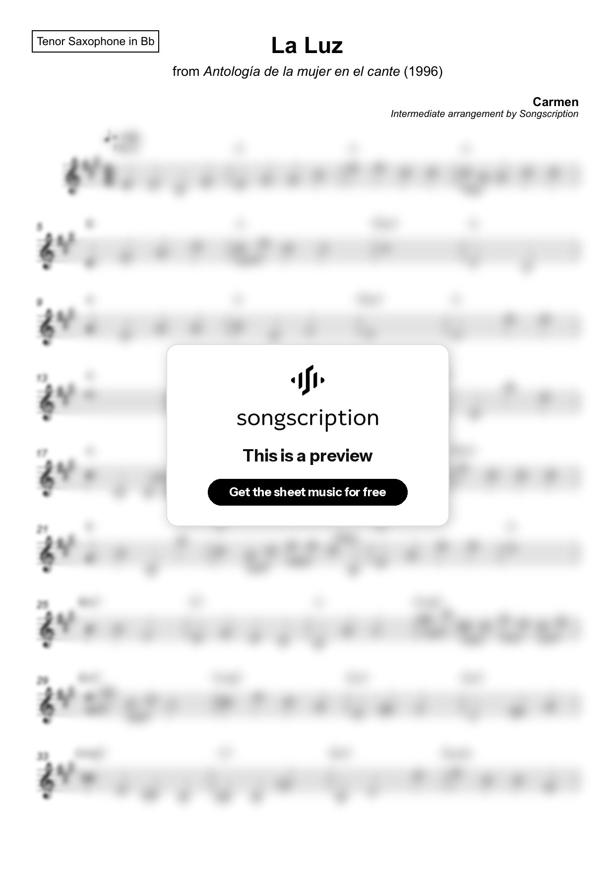Intermediate Tenor Sax Sheet Music for "La Luz" by Carmen