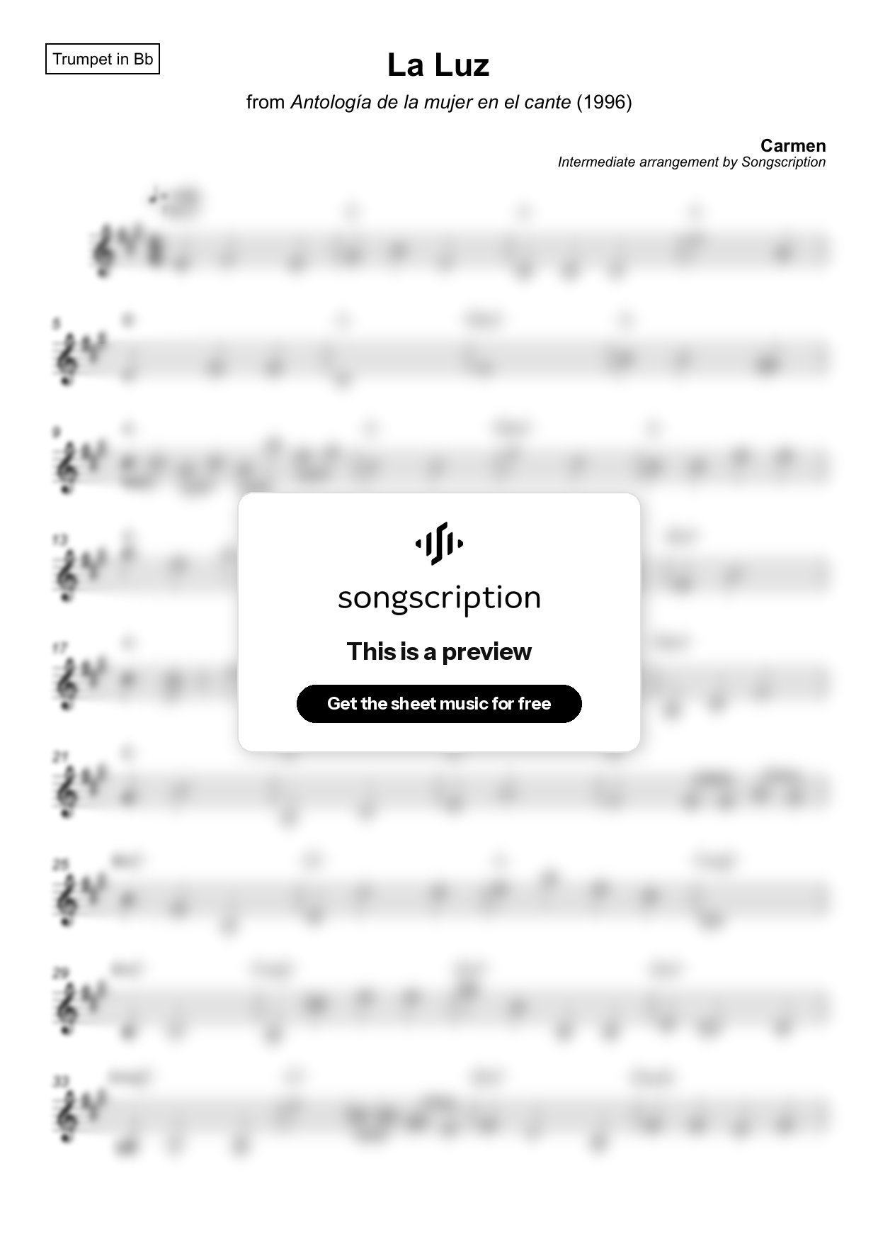 Intermediate Trumpet Sheet Music for "La Luz" by Carmen