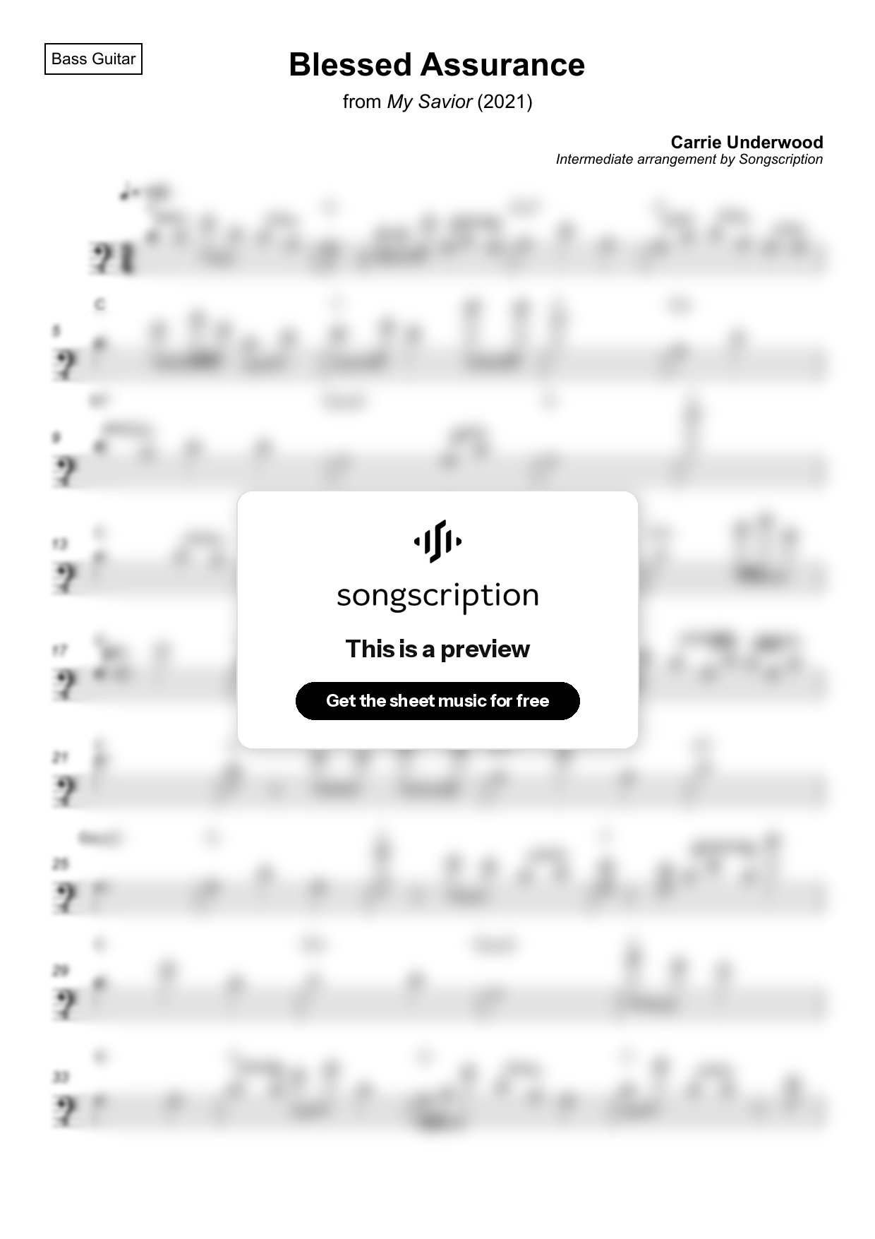 Intermediate Bass Guitar Sheet Music for "Blessed Assurance" by Carrie Underwood