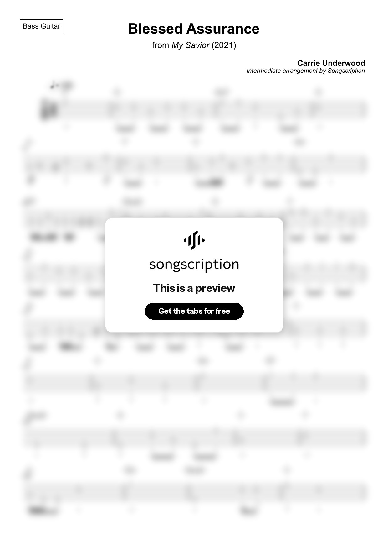 Intermediate Bass Guitar Tabs for "Blessed Assurance" by Carrie Underwood