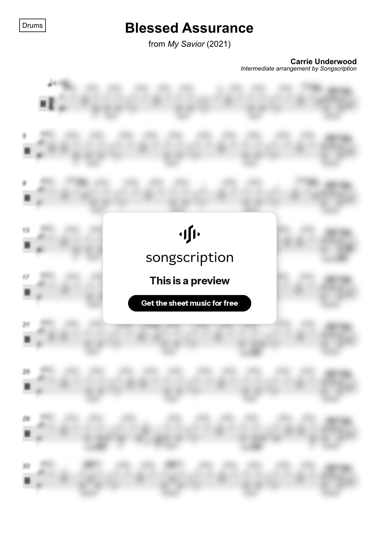 Intermediate Drums Sheet Music for "Blessed Assurance" by Carrie Underwood