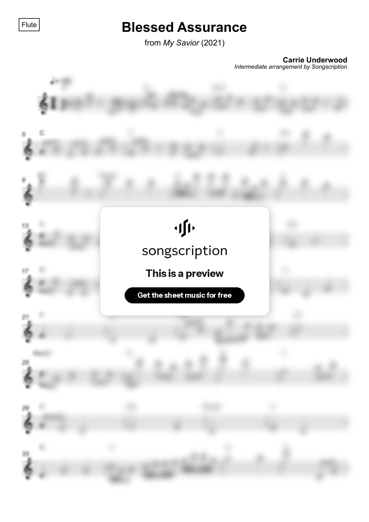 Intermediate Flute Sheet Music for "Blessed Assurance" by Carrie Underwood