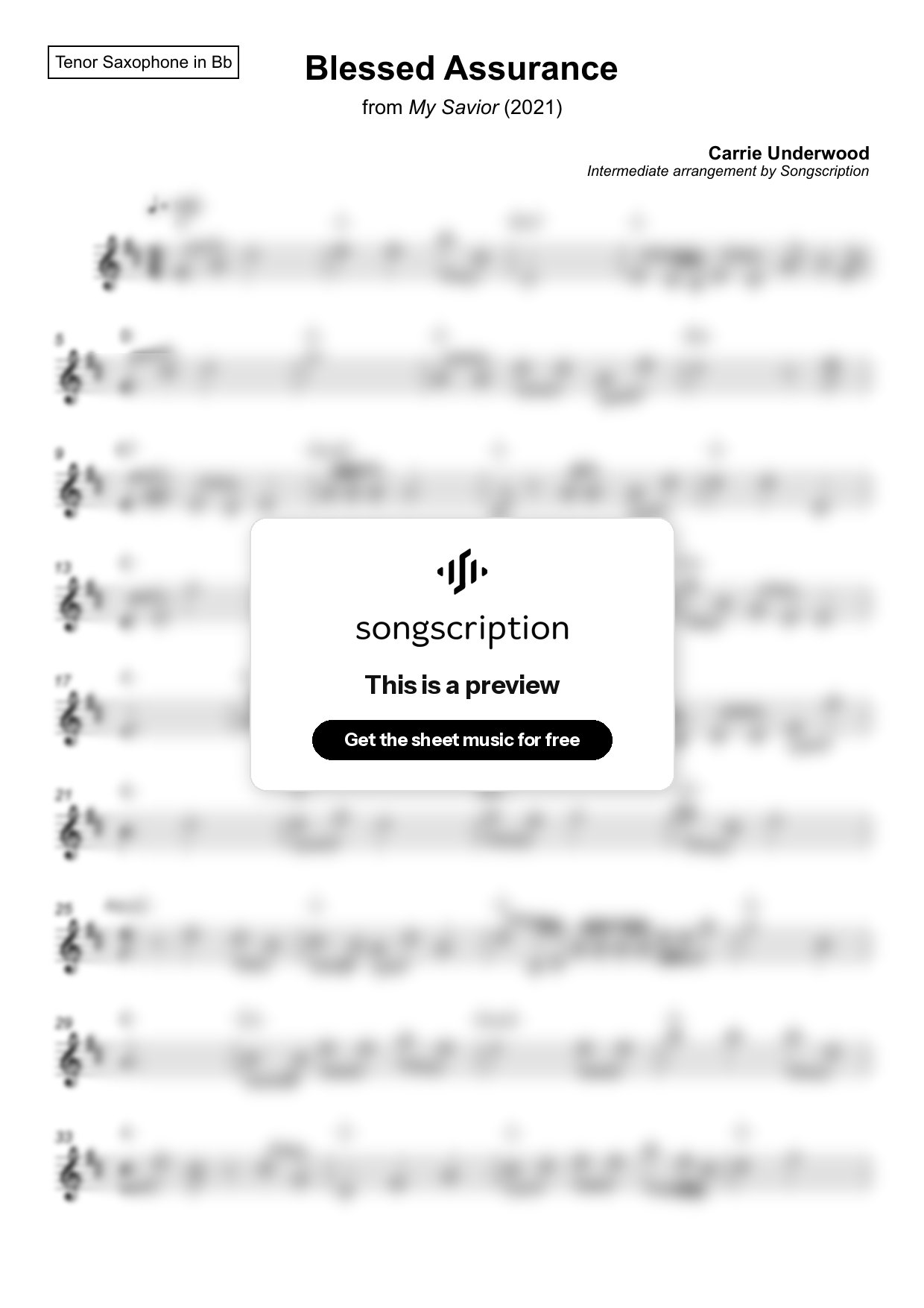 Intermediate Tenor Sax Sheet Music for "Blessed Assurance" by Carrie Underwood