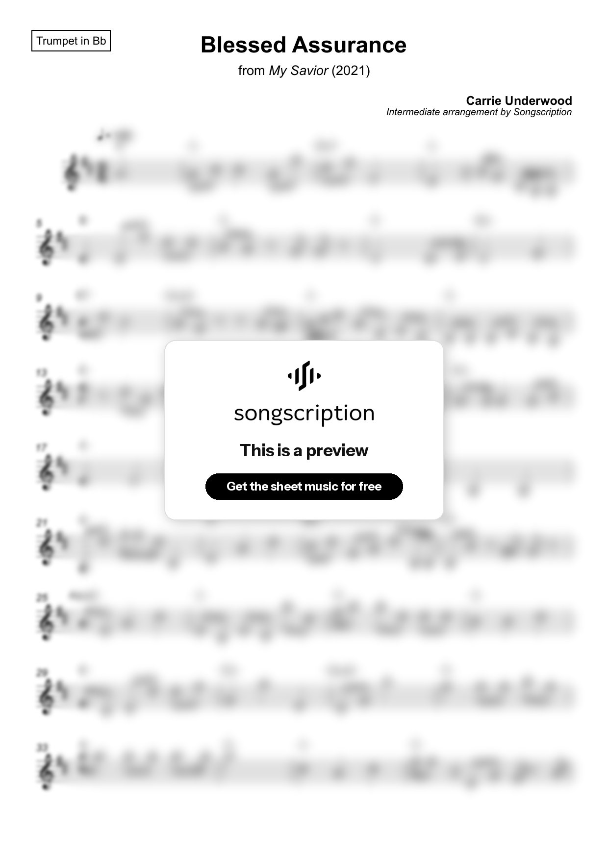 Intermediate Trumpet Sheet Music for "Blessed Assurance" by Carrie Underwood