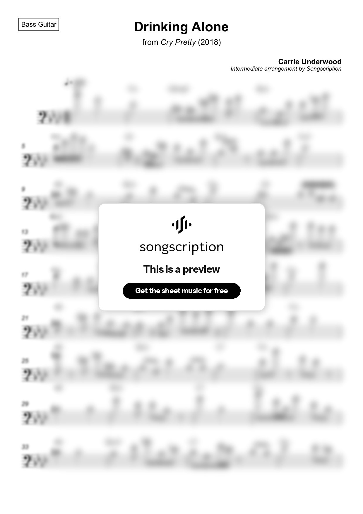 Intermediate Bass Guitar Sheet Music for "Drinking Alone" by Carrie Underwood