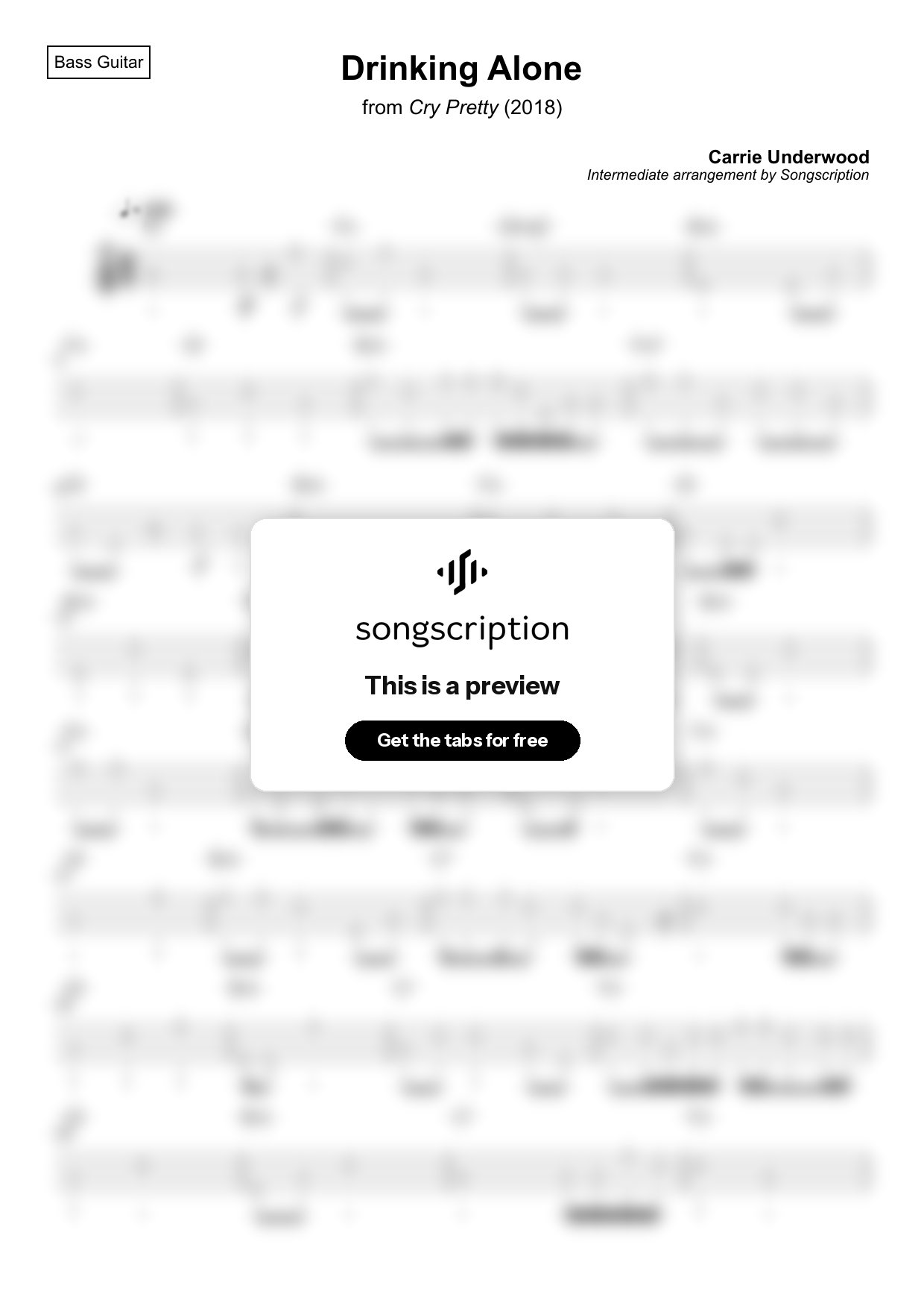 Intermediate Bass Guitar Tabs for "Drinking Alone" by Carrie Underwood