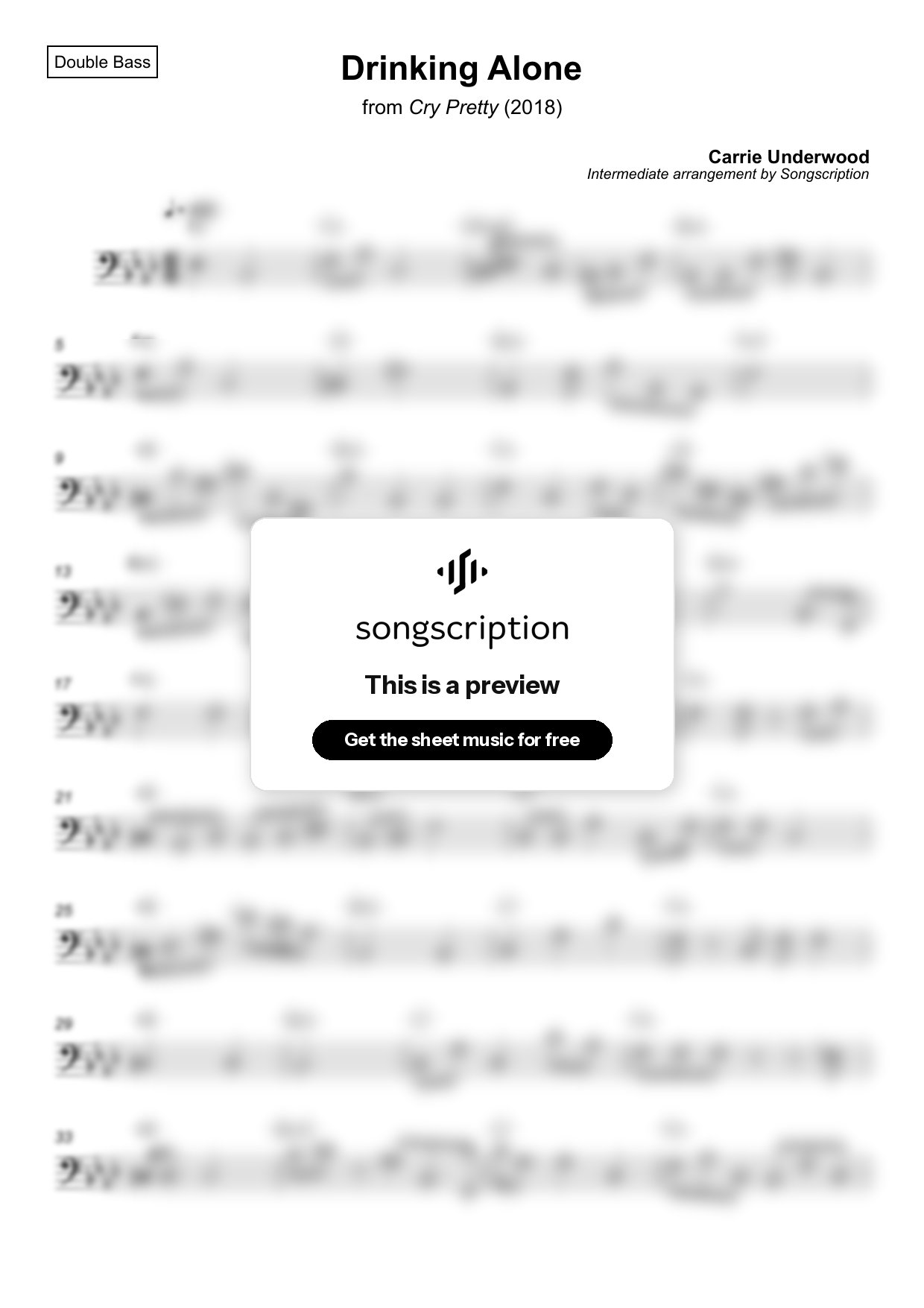 Intermediate Double Bass Sheet Music for "Drinking Alone" by Carrie Underwood