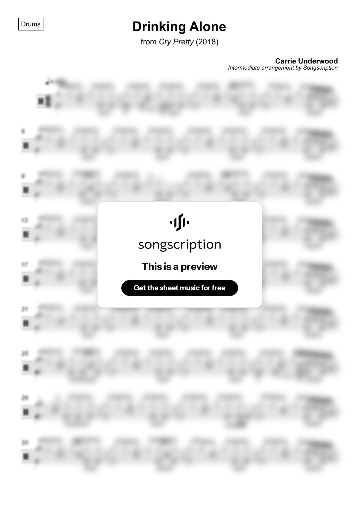 Intermediate Drums Sheet Music for "Drinking Alone" by Carrie Underwood