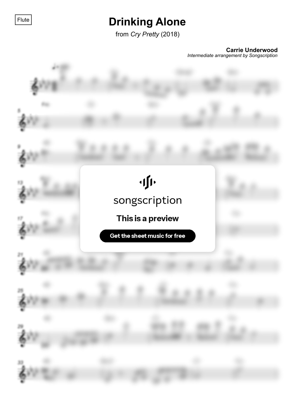 Intermediate Flute Sheet Music for "Drinking Alone" by Carrie Underwood