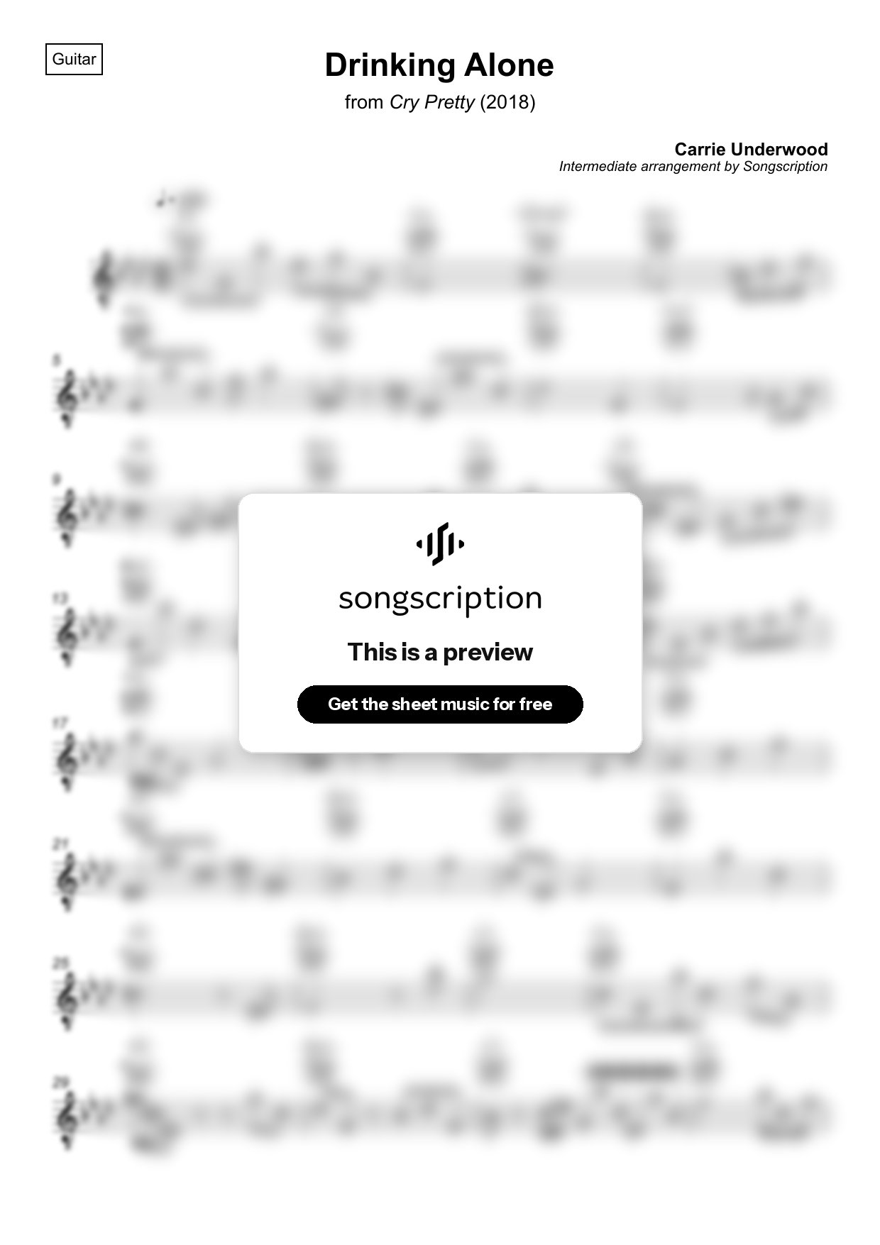 Intermediate Acoustic Guitar Sheet Music for "Drinking Alone" by Carrie Underwood
