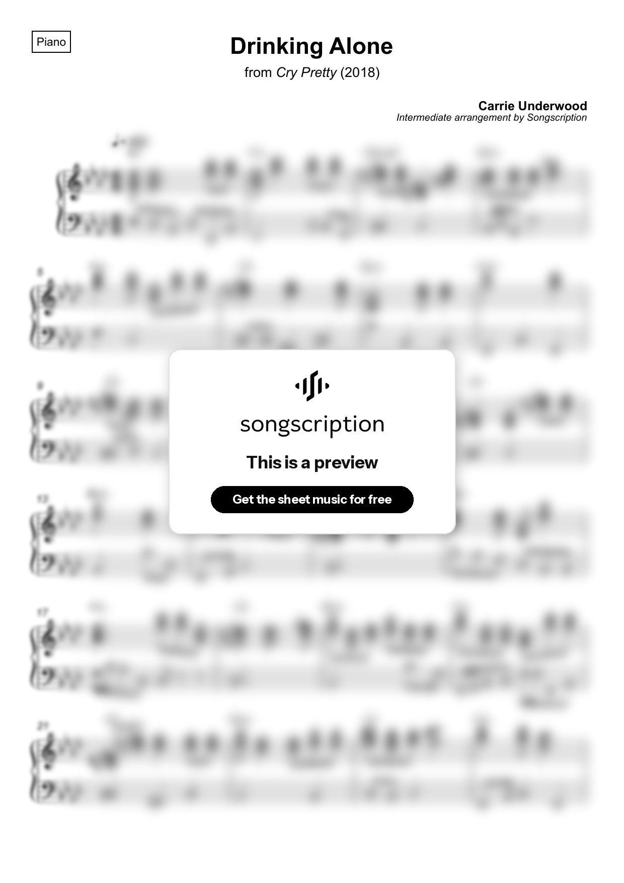 Intermediate Piano Sheet Music for "Drinking Alone" by Carrie Underwood