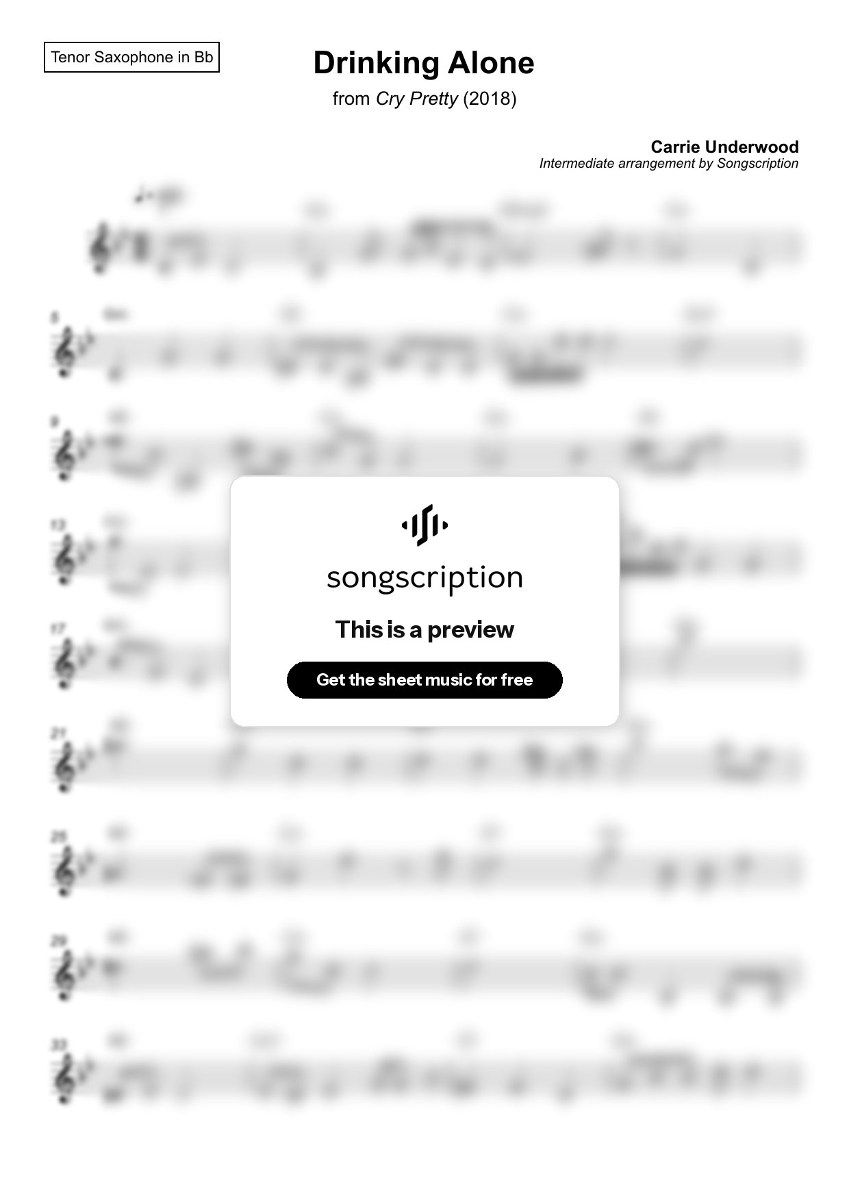 Intermediate Tenor Sax Sheet Music for "Drinking Alone" by Carrie Underwood