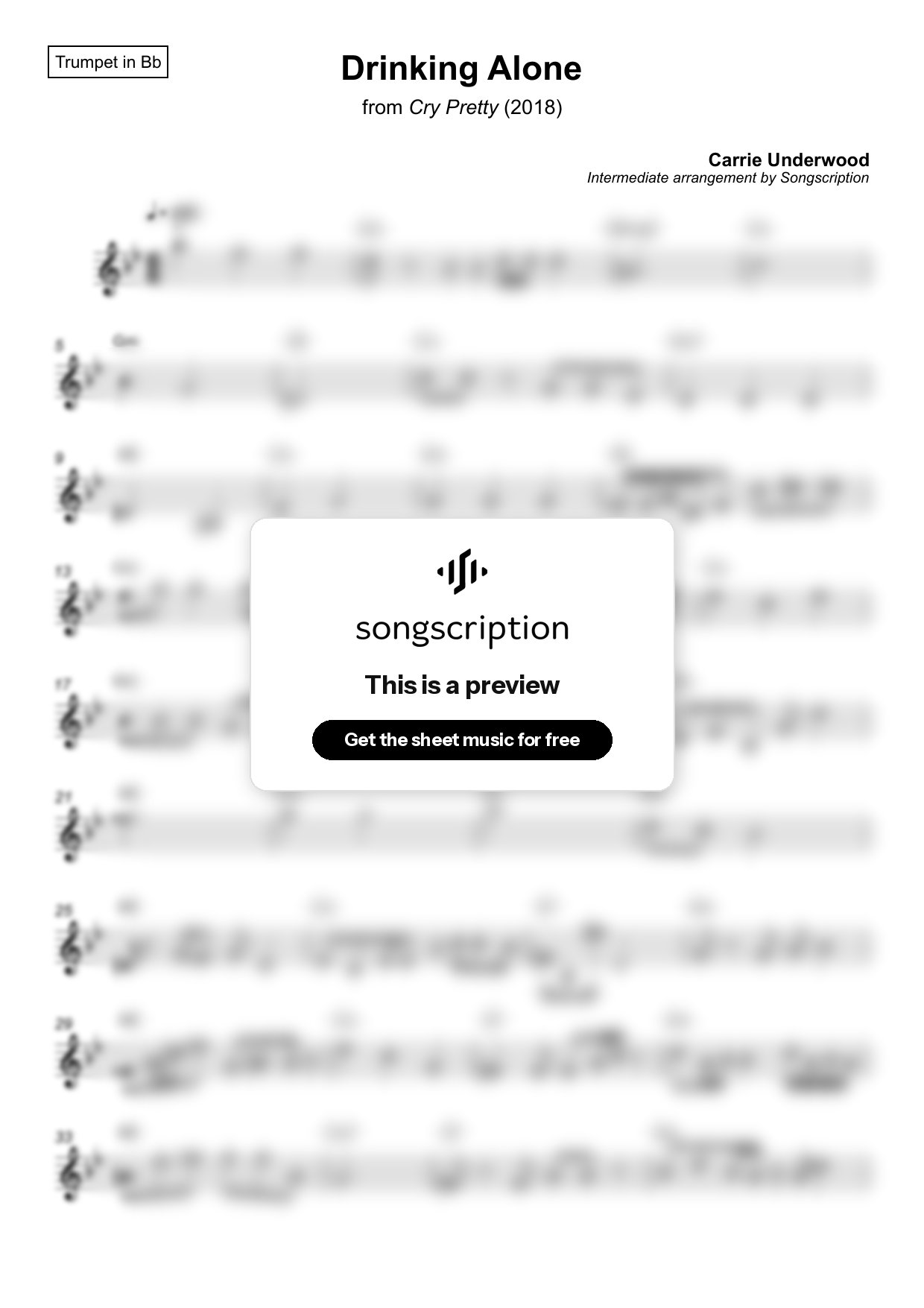 Intermediate Trumpet Sheet Music for "Drinking Alone" by Carrie Underwood