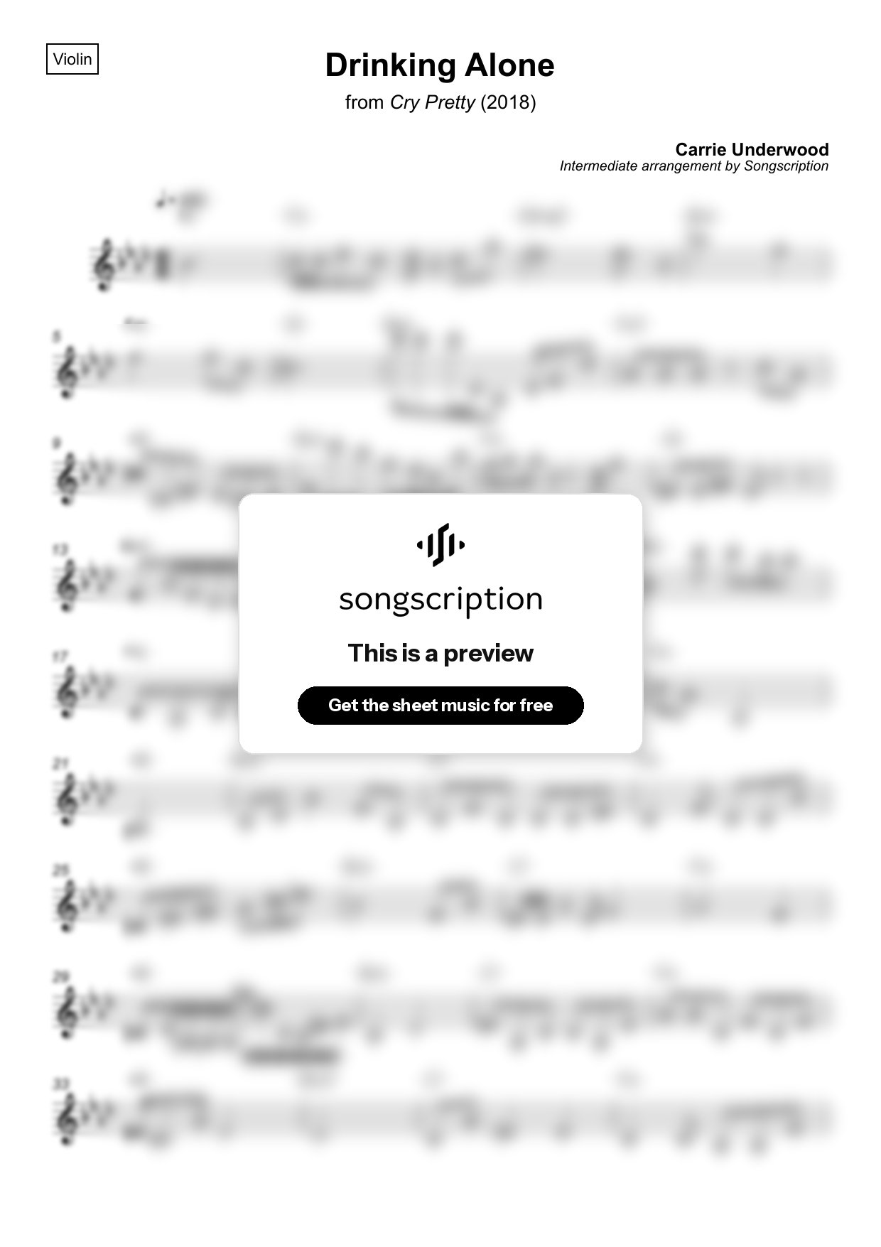 Intermediate Violin Sheet Music for "Drinking Alone" by Carrie Underwood