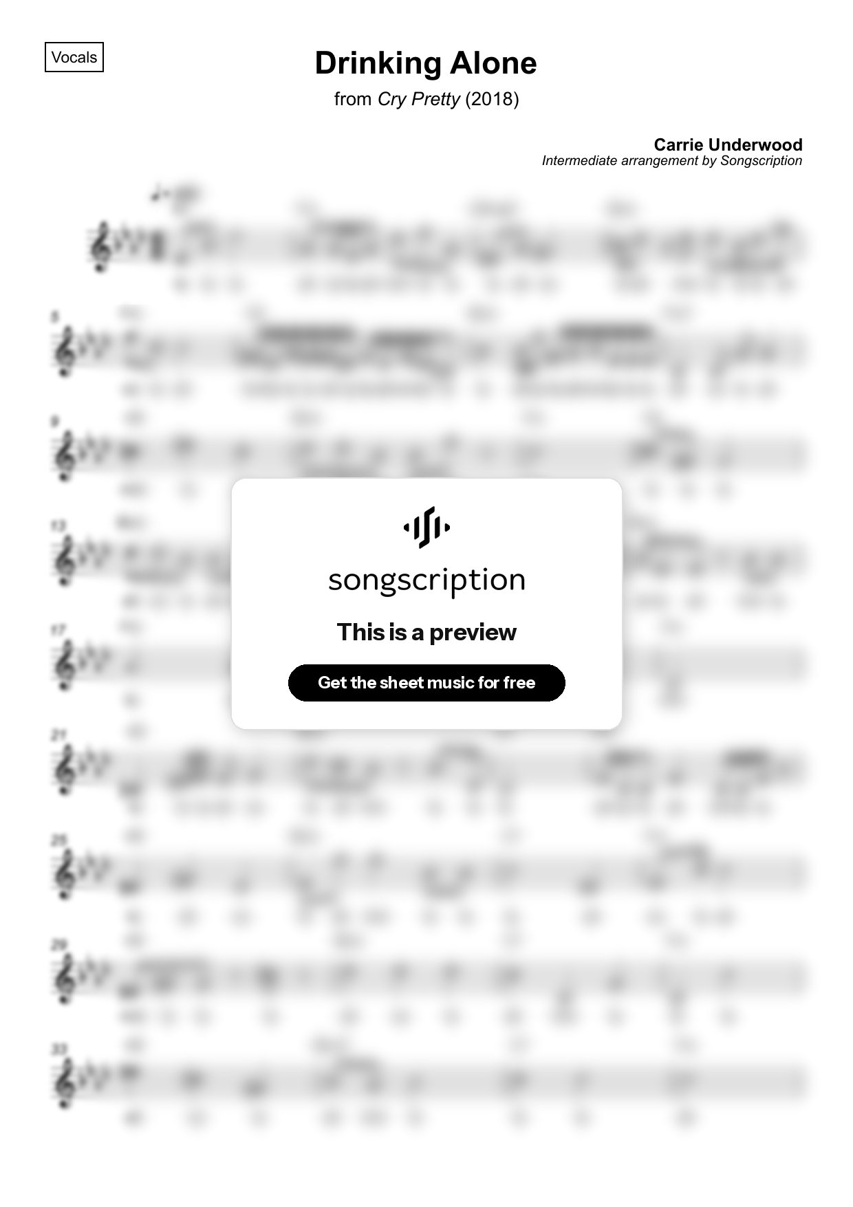 Intermediate Vocals Sheet Music for "Drinking Alone" by Carrie Underwood