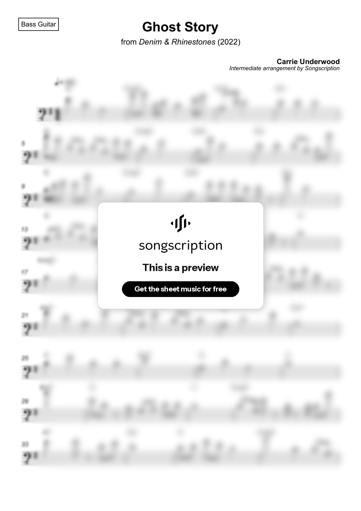Intermediate Bass Guitar Sheet Music for "Ghost Story" by Carrie Underwood
