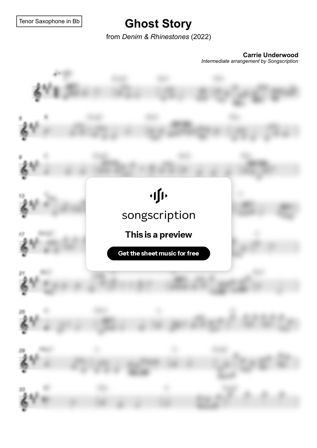 Intermediate Tenor Sax Sheet Music for "Ghost Story" by Carrie Underwood