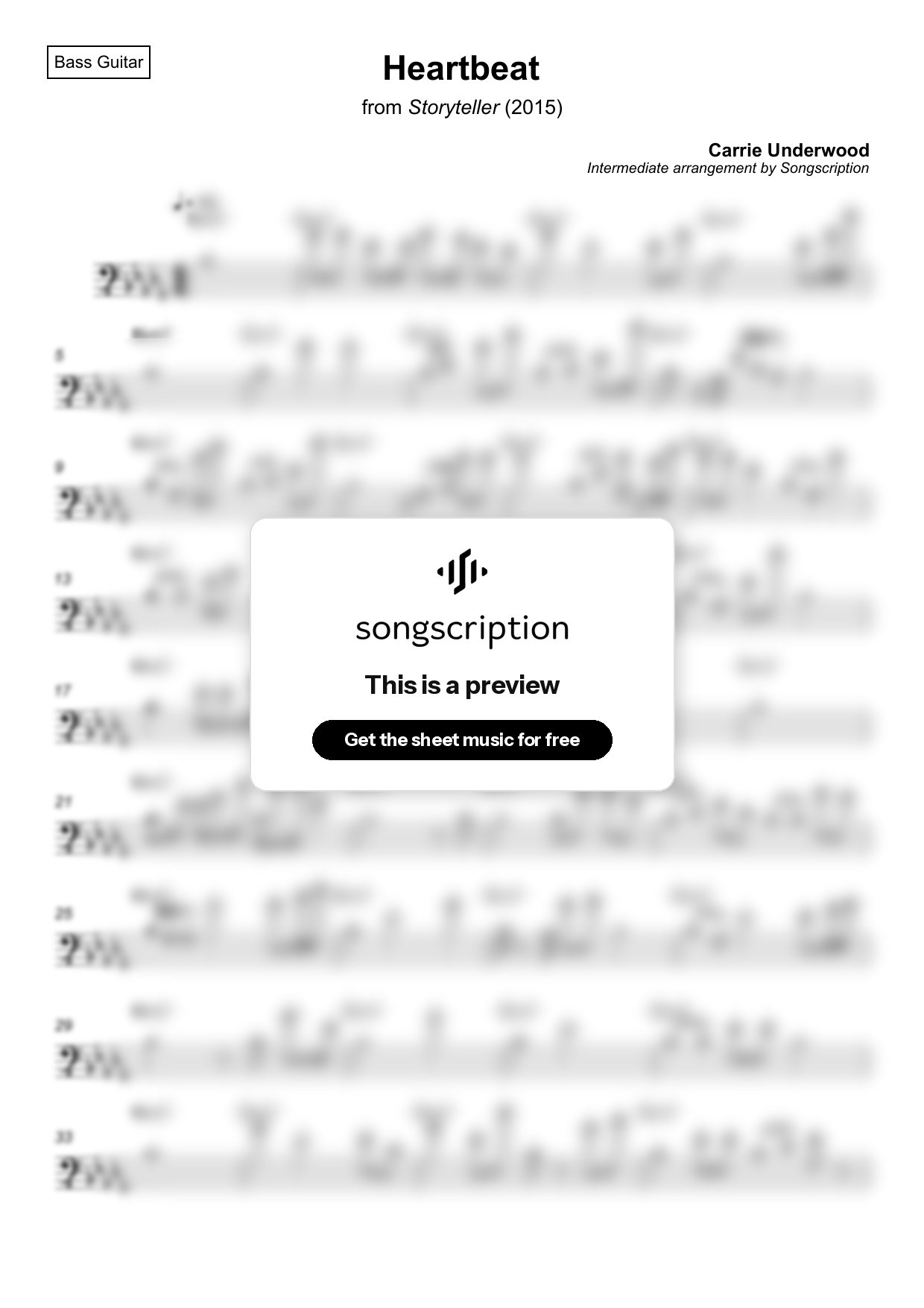 Intermediate Bass Guitar Sheet Music for "Heartbeat" by Carrie Underwood