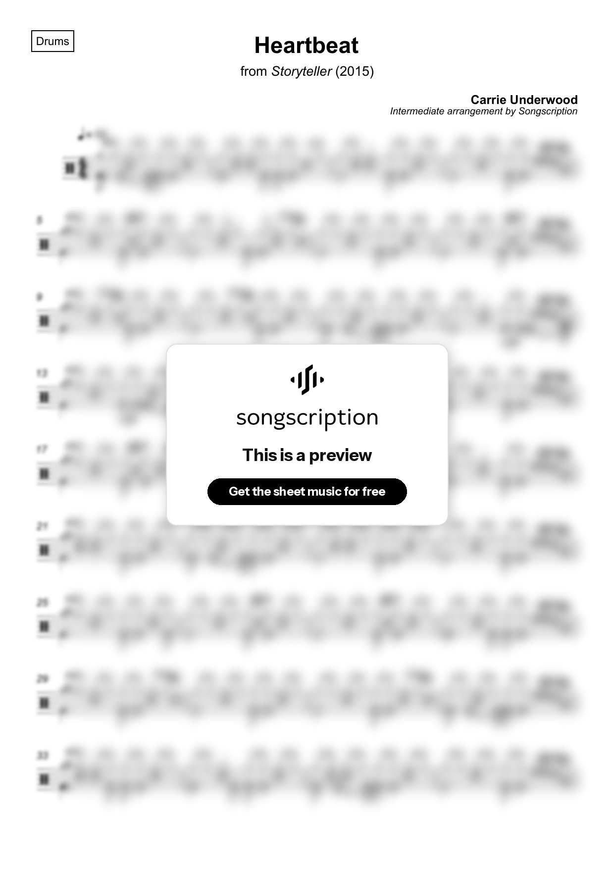 Intermediate Drums Sheet Music for "Heartbeat" by Carrie Underwood