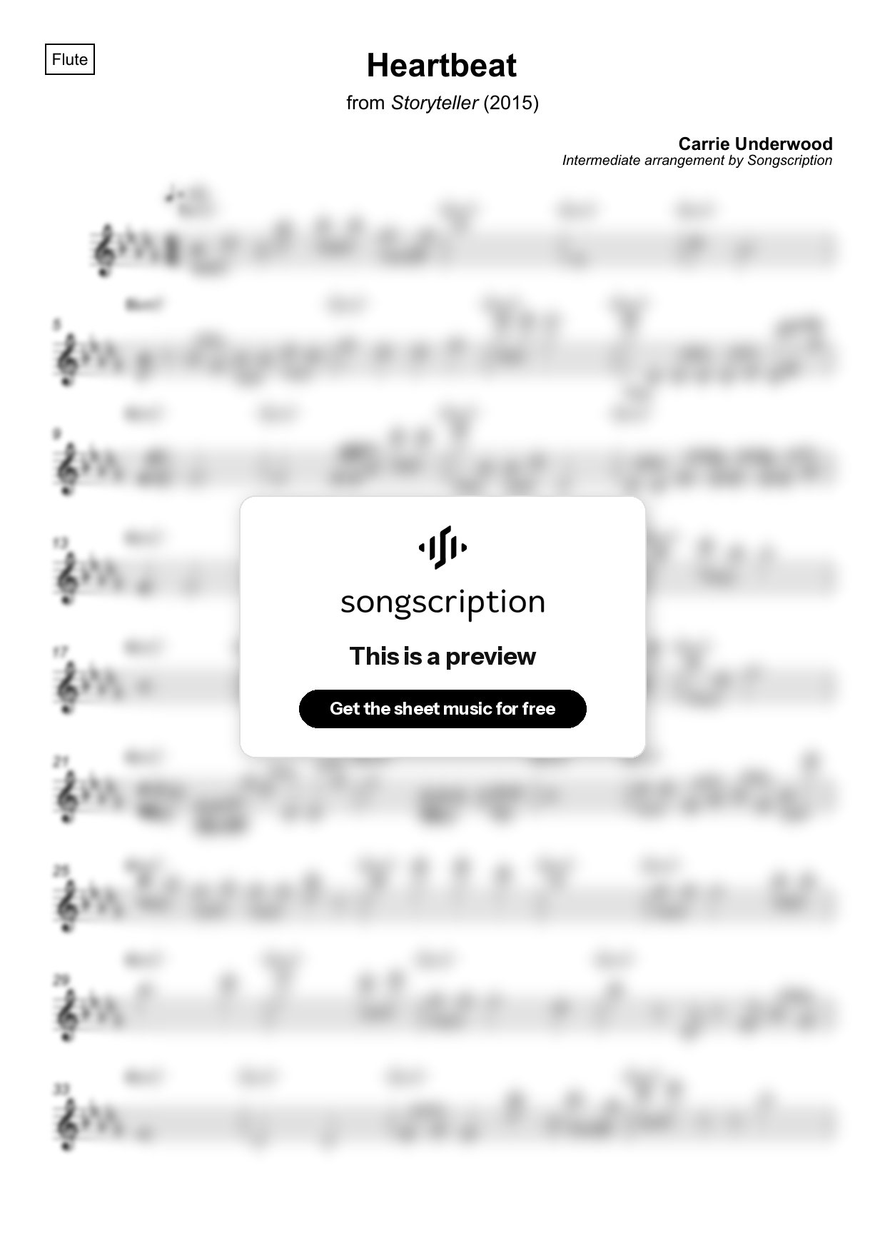 Intermediate Flute Sheet Music for "Heartbeat" by Carrie Underwood