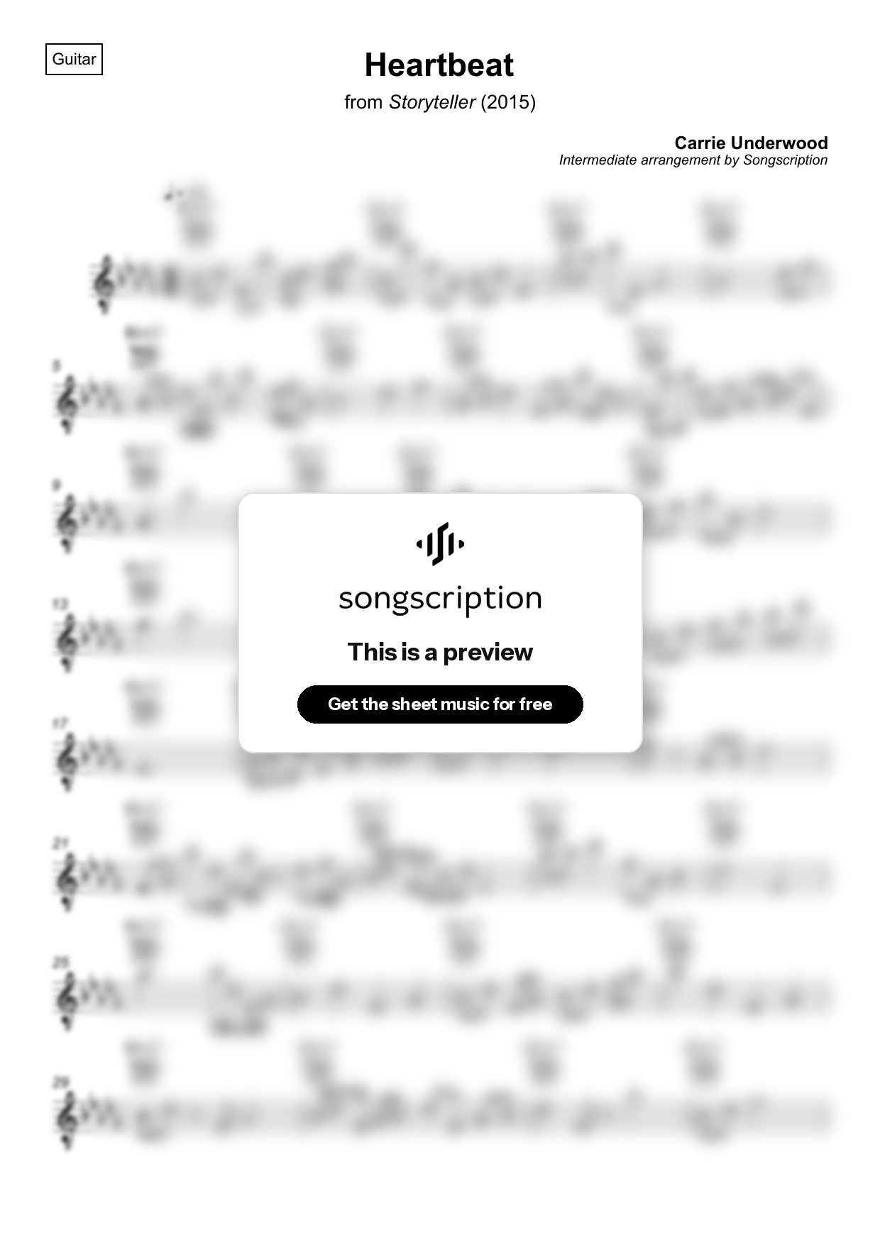 Intermediate Acoustic Guitar Sheet Music for "Heartbeat" by Carrie Underwood