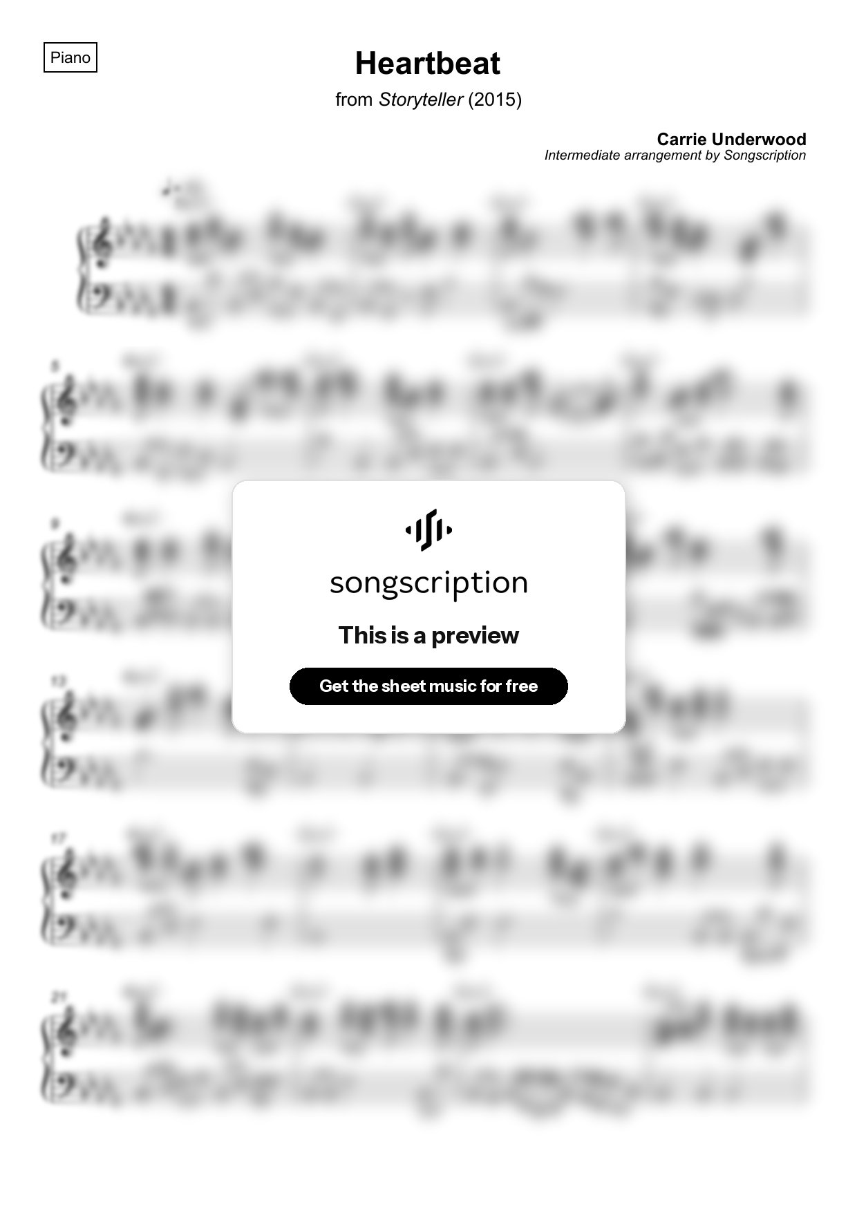 Intermediate Piano Sheet Music for "Heartbeat" by Carrie Underwood