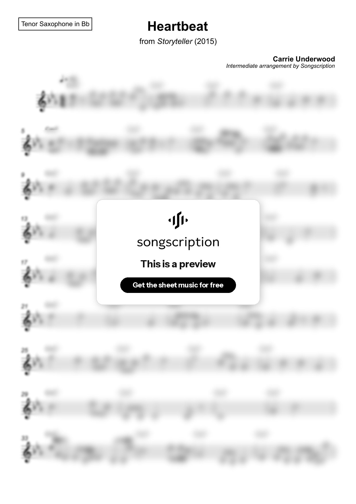 Intermediate Tenor Sax Sheet Music for "Heartbeat" by Carrie Underwood