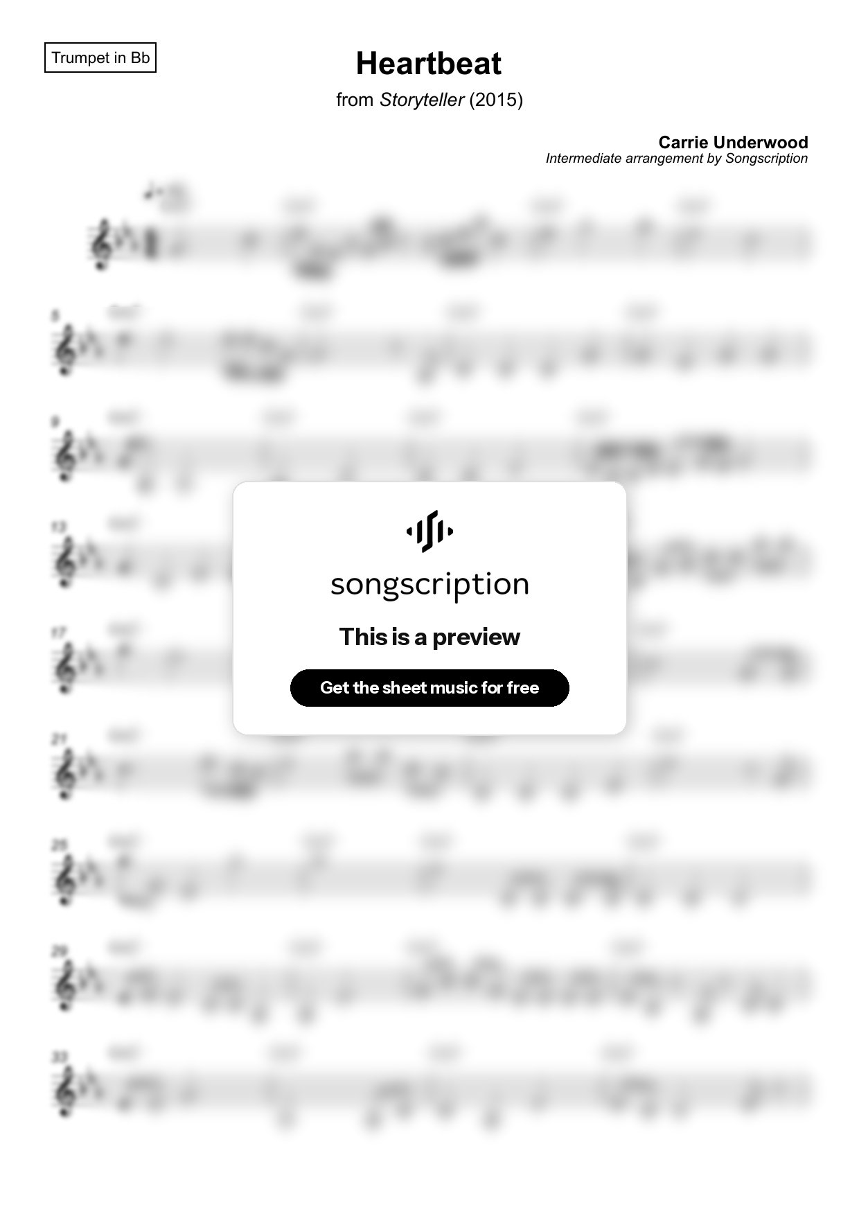 Intermediate Trumpet Sheet Music for "Heartbeat" by Carrie Underwood