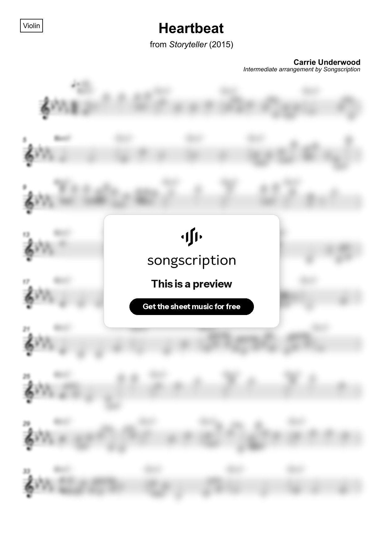 Intermediate Violin Sheet Music for "Heartbeat" by Carrie Underwood