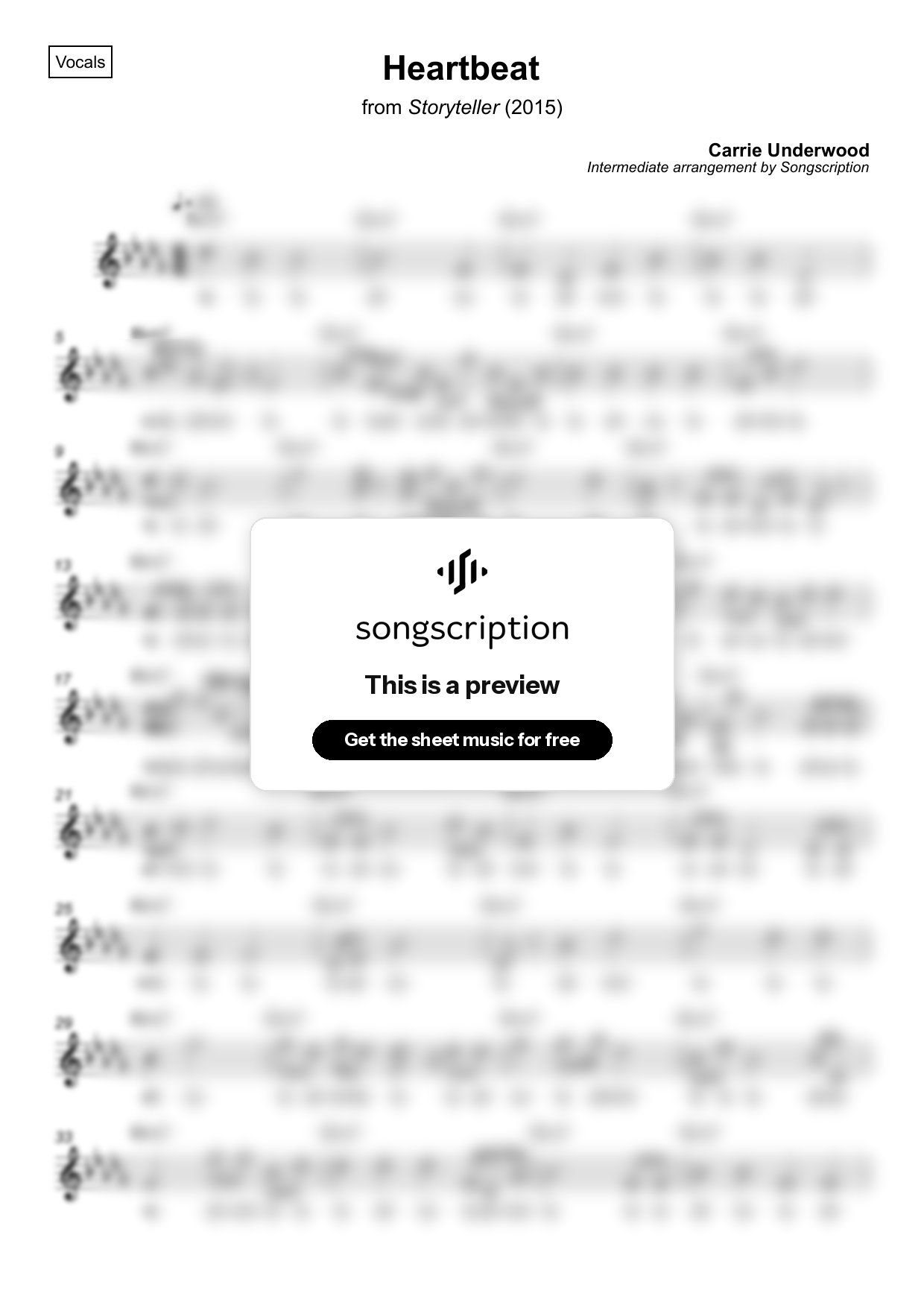 Intermediate Vocals Sheet Music for "Heartbeat" by Carrie Underwood