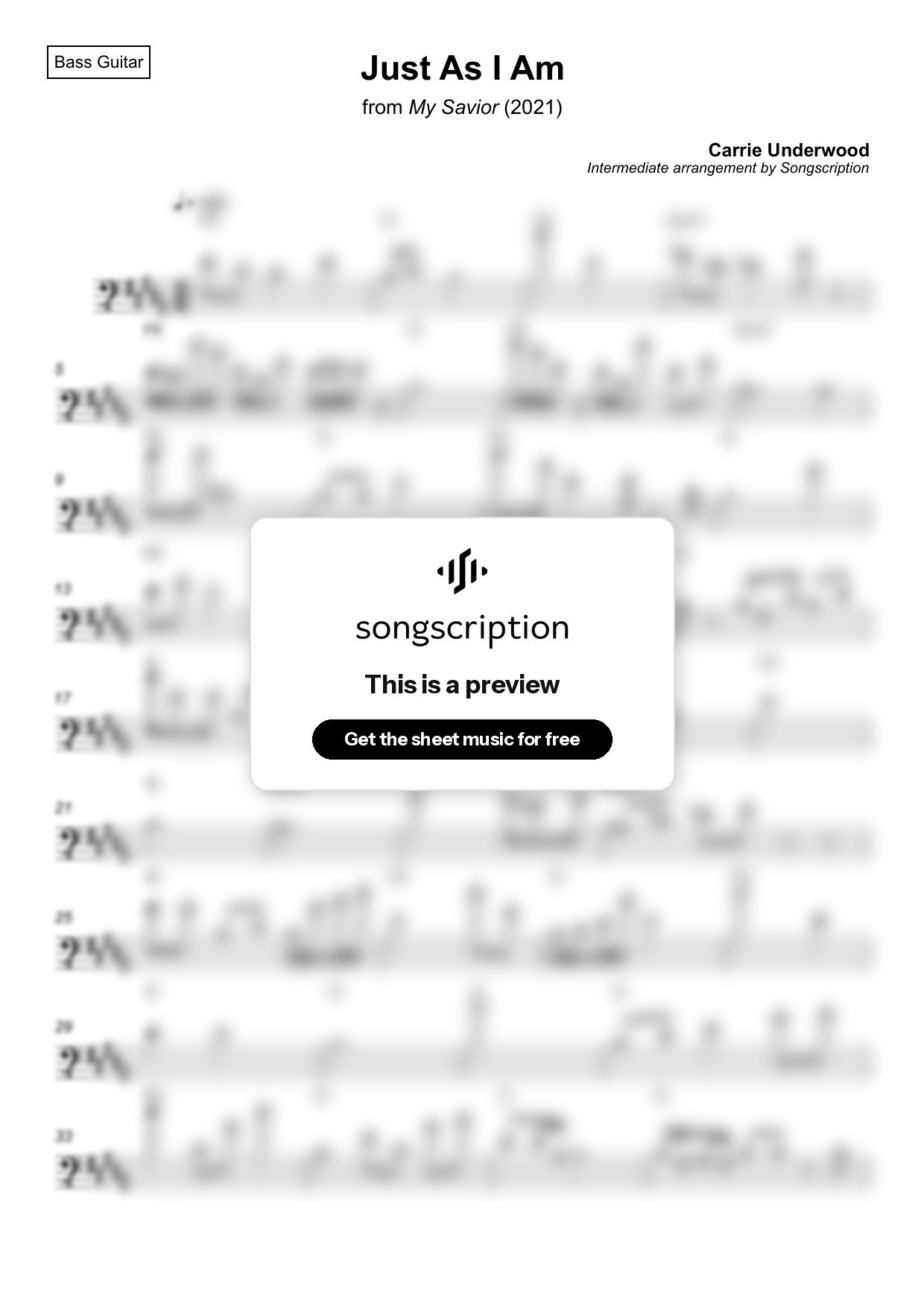 Intermediate Bass Guitar Sheet Music for "Just As I Am" by Carrie Underwood