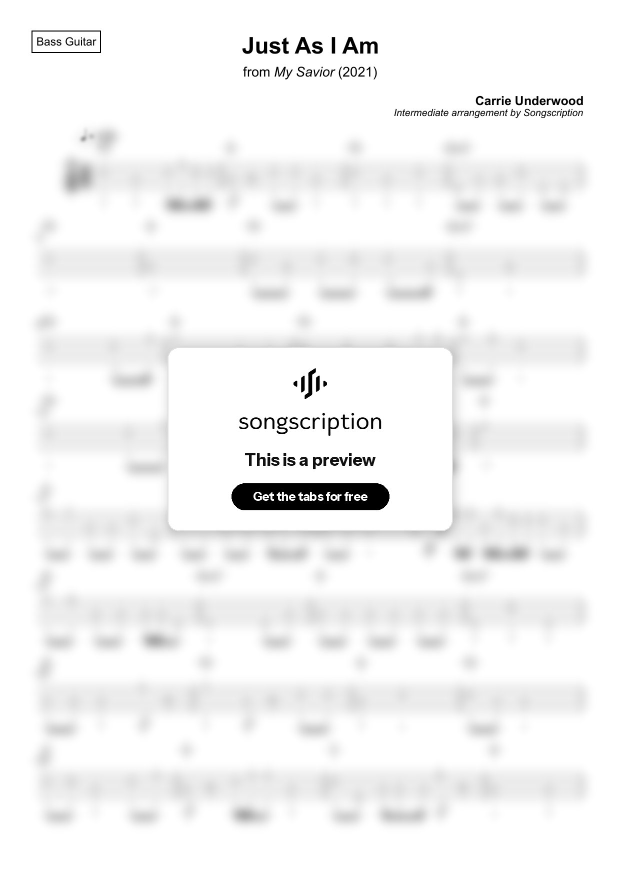 Intermediate Bass Guitar Tabs for "Just As I Am" by Carrie Underwood