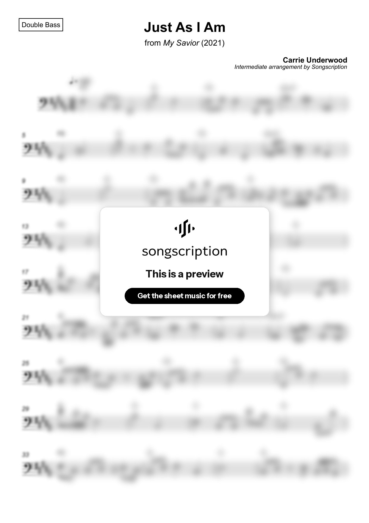 Intermediate Double Bass Sheet Music for "Just As I Am" by Carrie Underwood